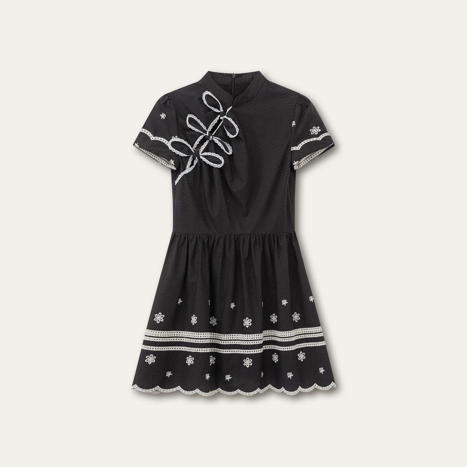 Polka Dot Embroidered Bow Cheongsam Dress