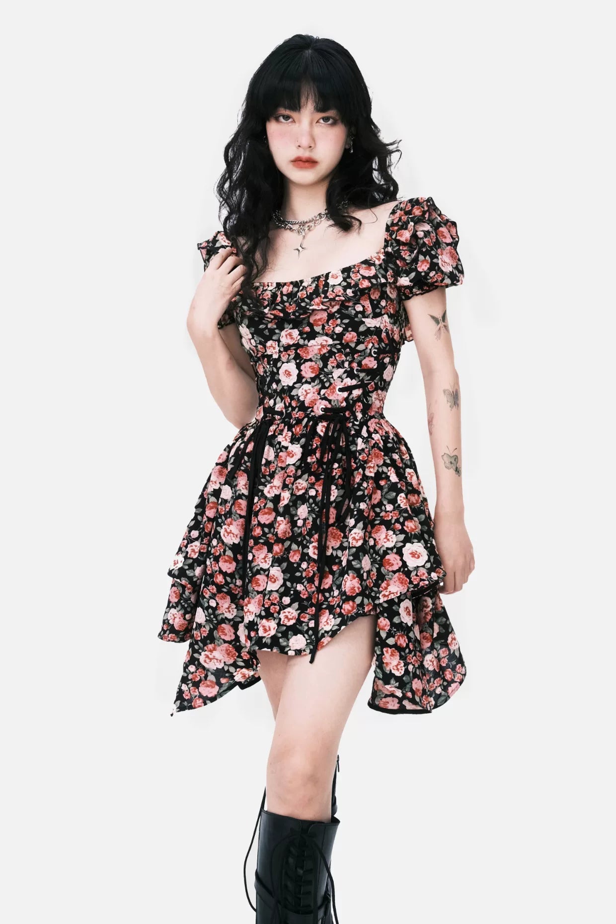 Lace-Up Asymmetric Waist-Defined Dress