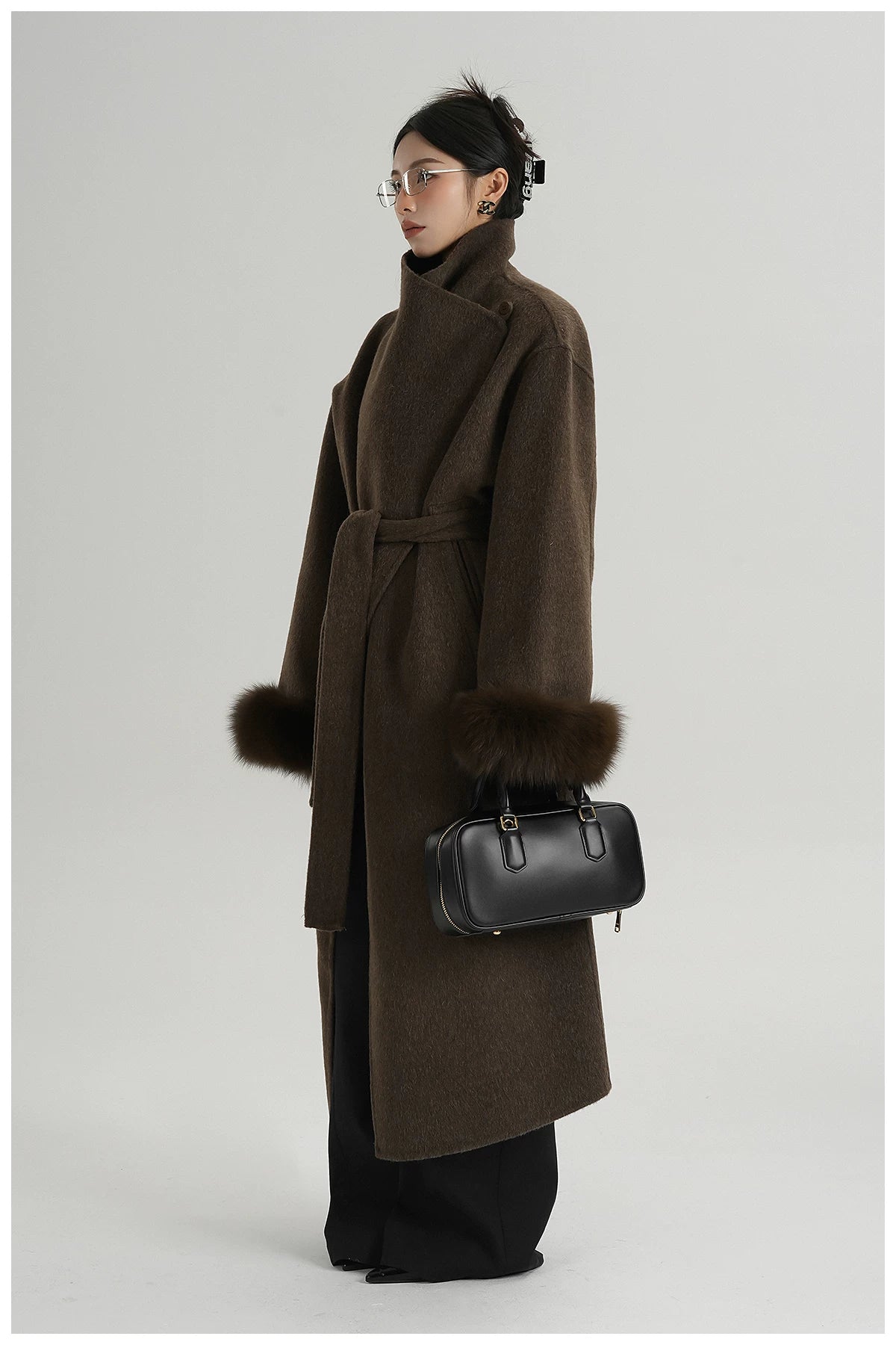 Elegant Fox-Fur Sleeve Long Wool Coat