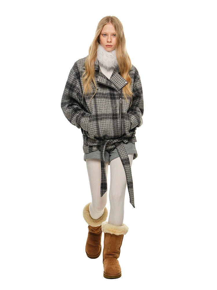 Gray Plaid Woolen Moto Jacket - CHINASQUAD