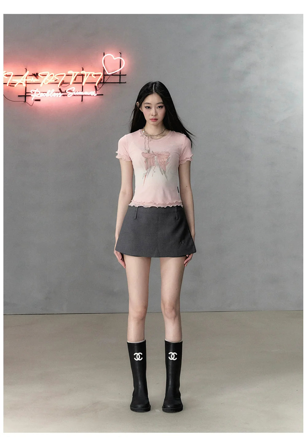 Pink & Black Bow Print Round Neck Short Sleeve - CHINASQUAD