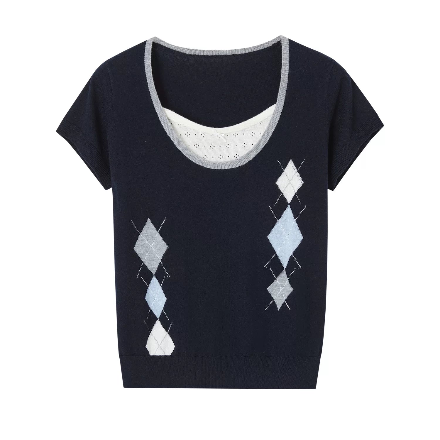 Argyle Color-Block Layered Short Sleeve Top