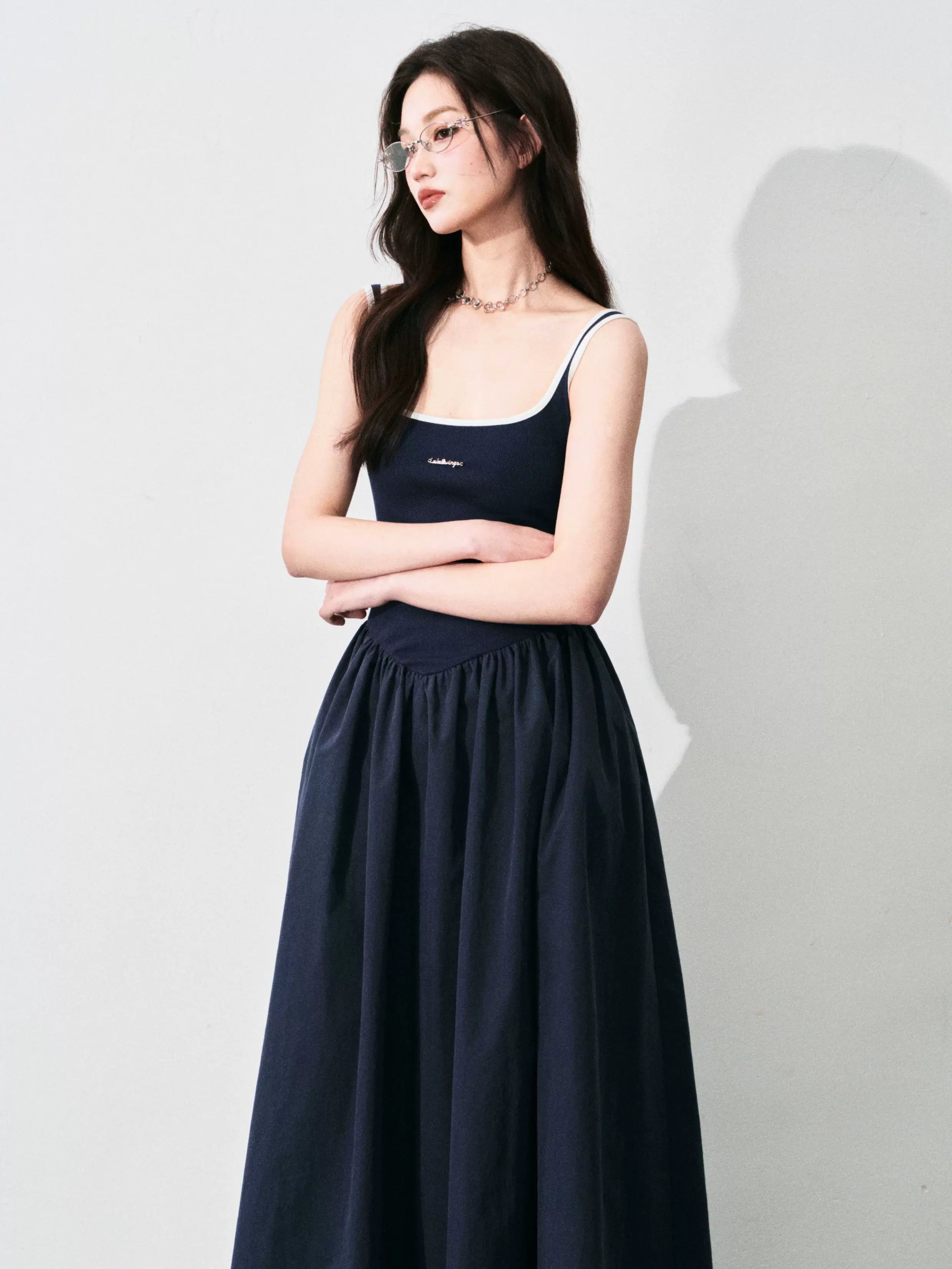 Contrast-Trim Backless Slip Maxi Dress