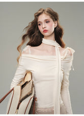 (Final Sale) White & Black Off-Shoulder Lace Knit Crewneck - CHINASQUAD