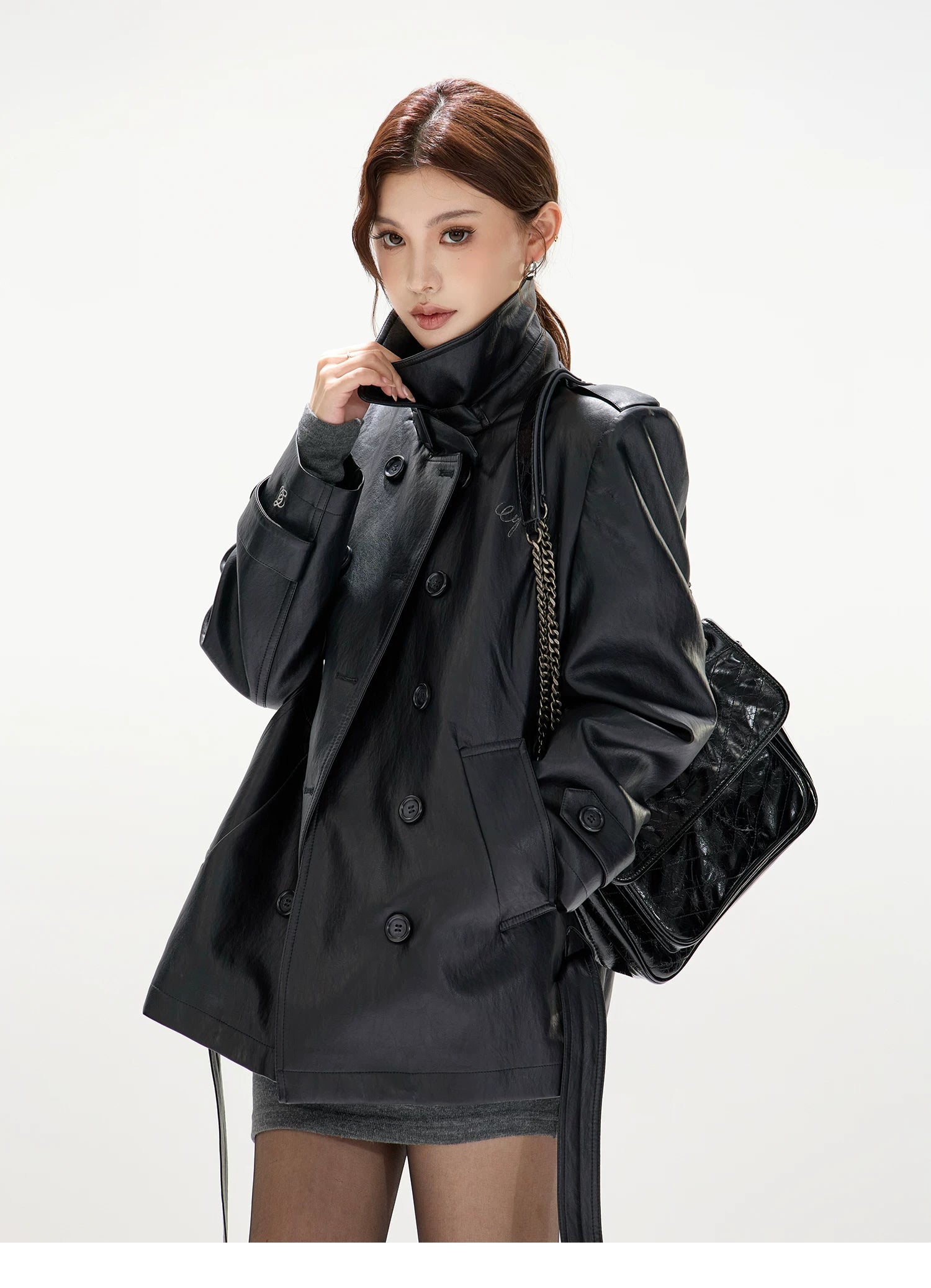 Double-Breasted Belted Faux Leather Jacket