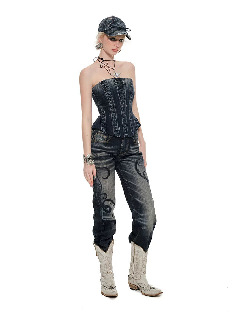 Denim Blue & Black Printed Fishtail Corset - CHINASQUAD