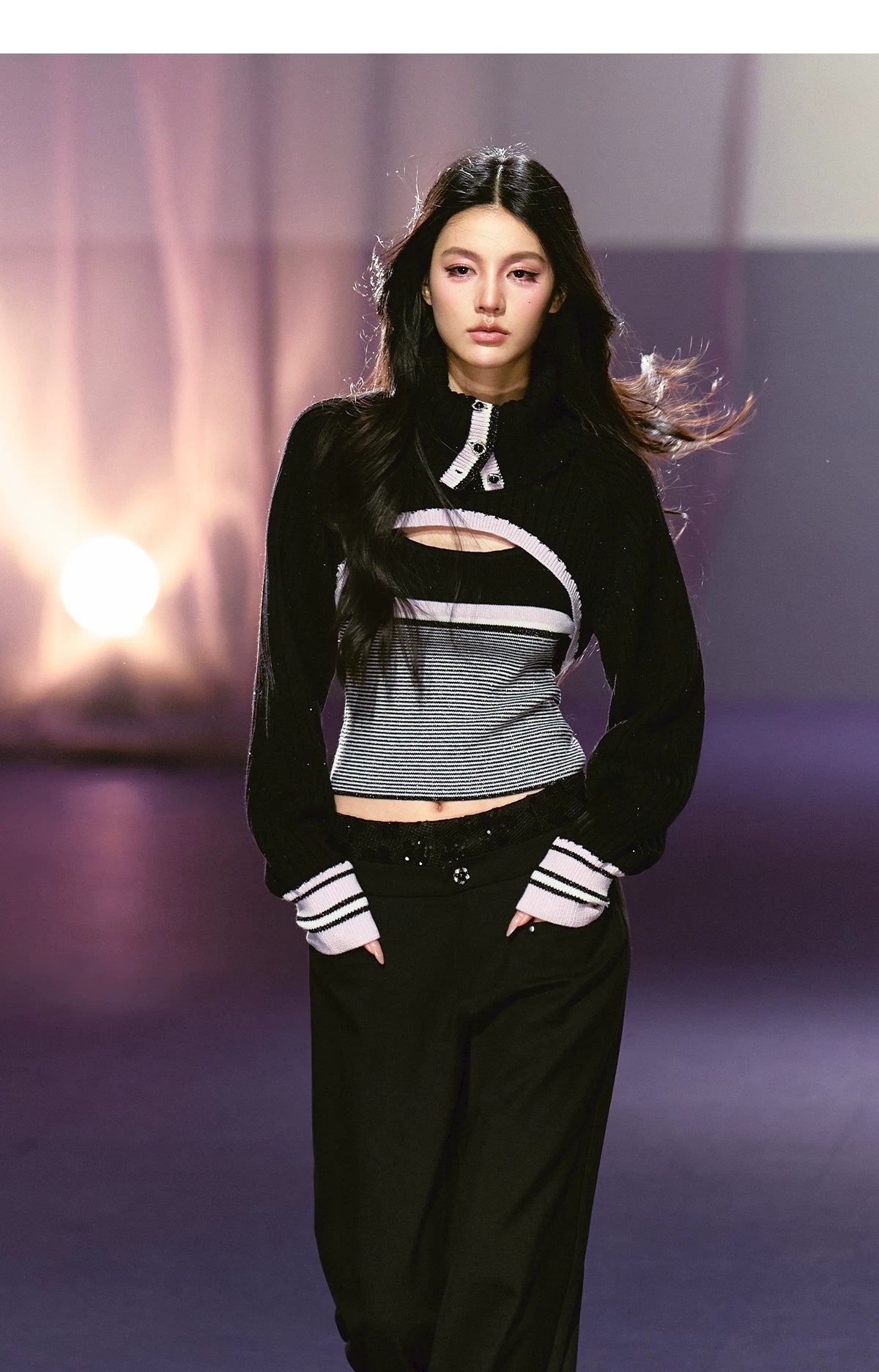 Contrast Turtleneck Layered Vest & Striped Camisole Set