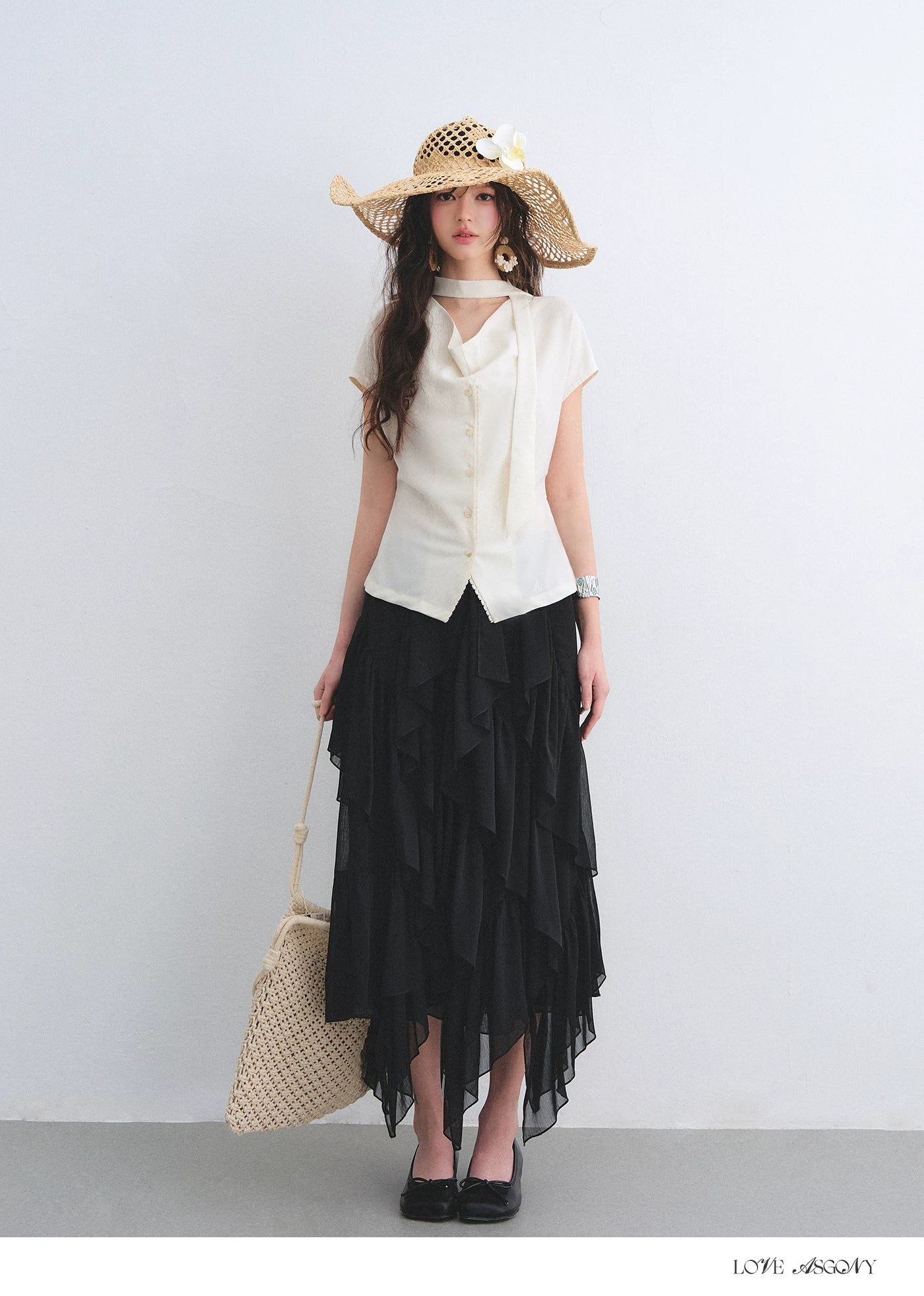 Linen Blend Lace Trim Draped Neck Tie-Waist Blouse