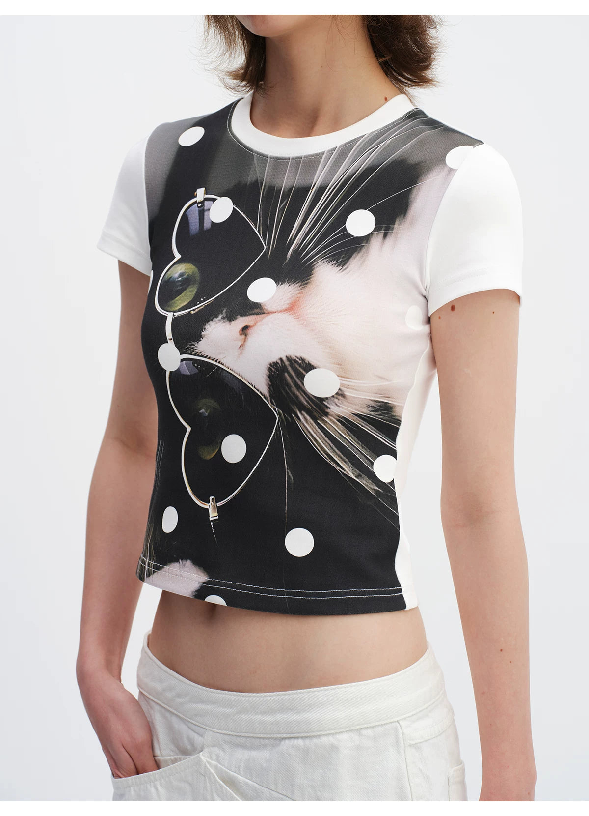 Playful Cat Polka Dot Cropped T-Shirt