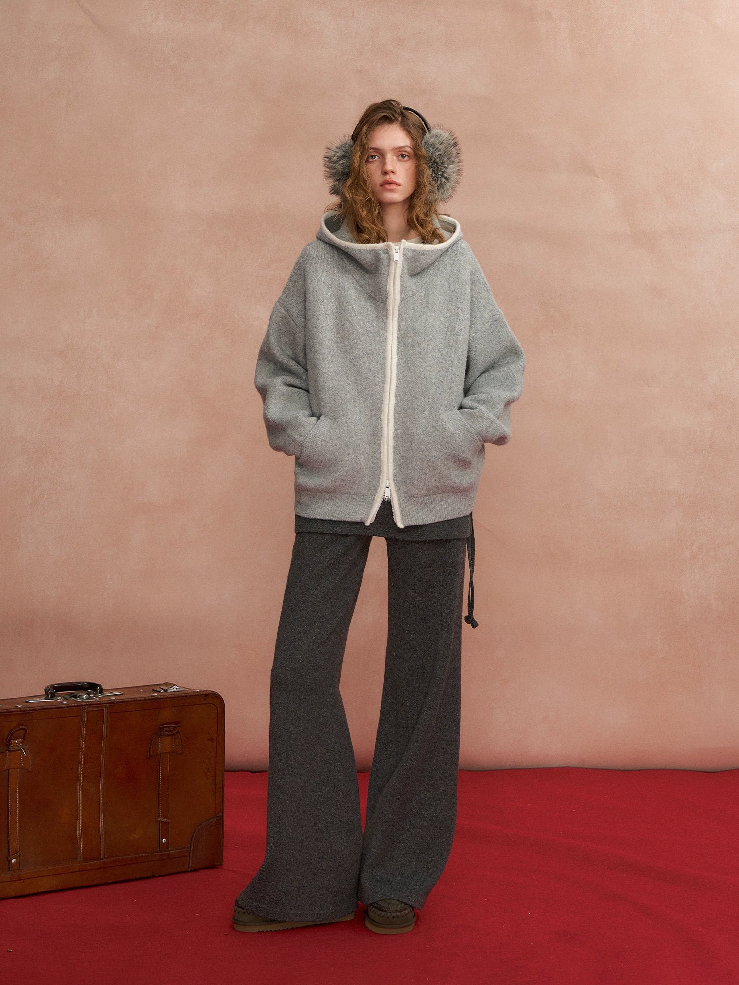 Relaxed Contrast-Trim Hooded Zip Cardigan