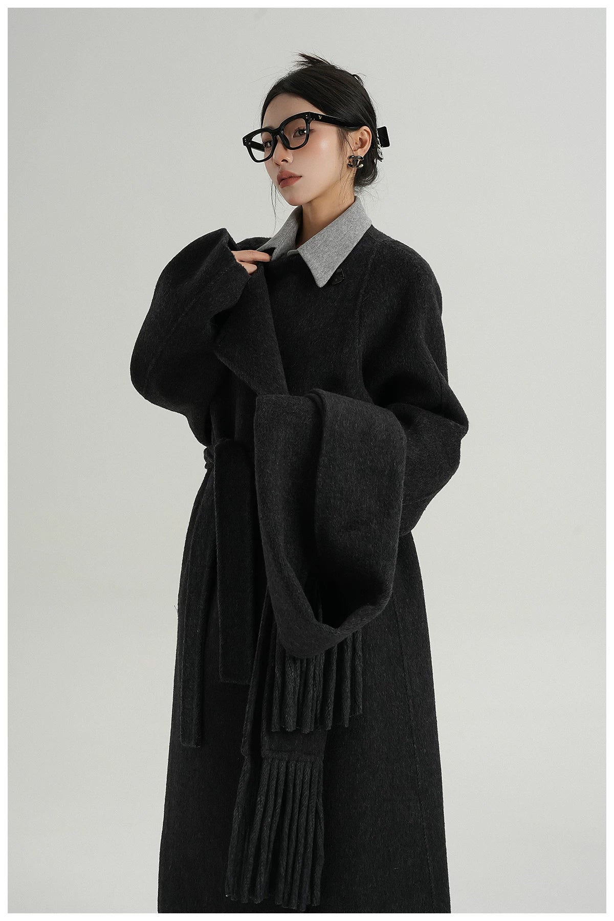 Fringe-Detail Wool Scarf-Style Long Coat