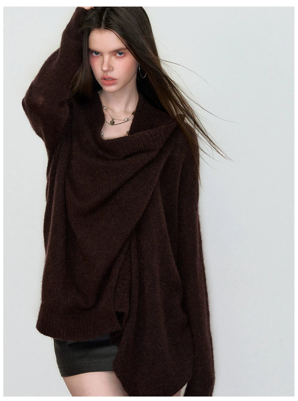 Shawl-Style Asymmetric Wool Knit Sweater