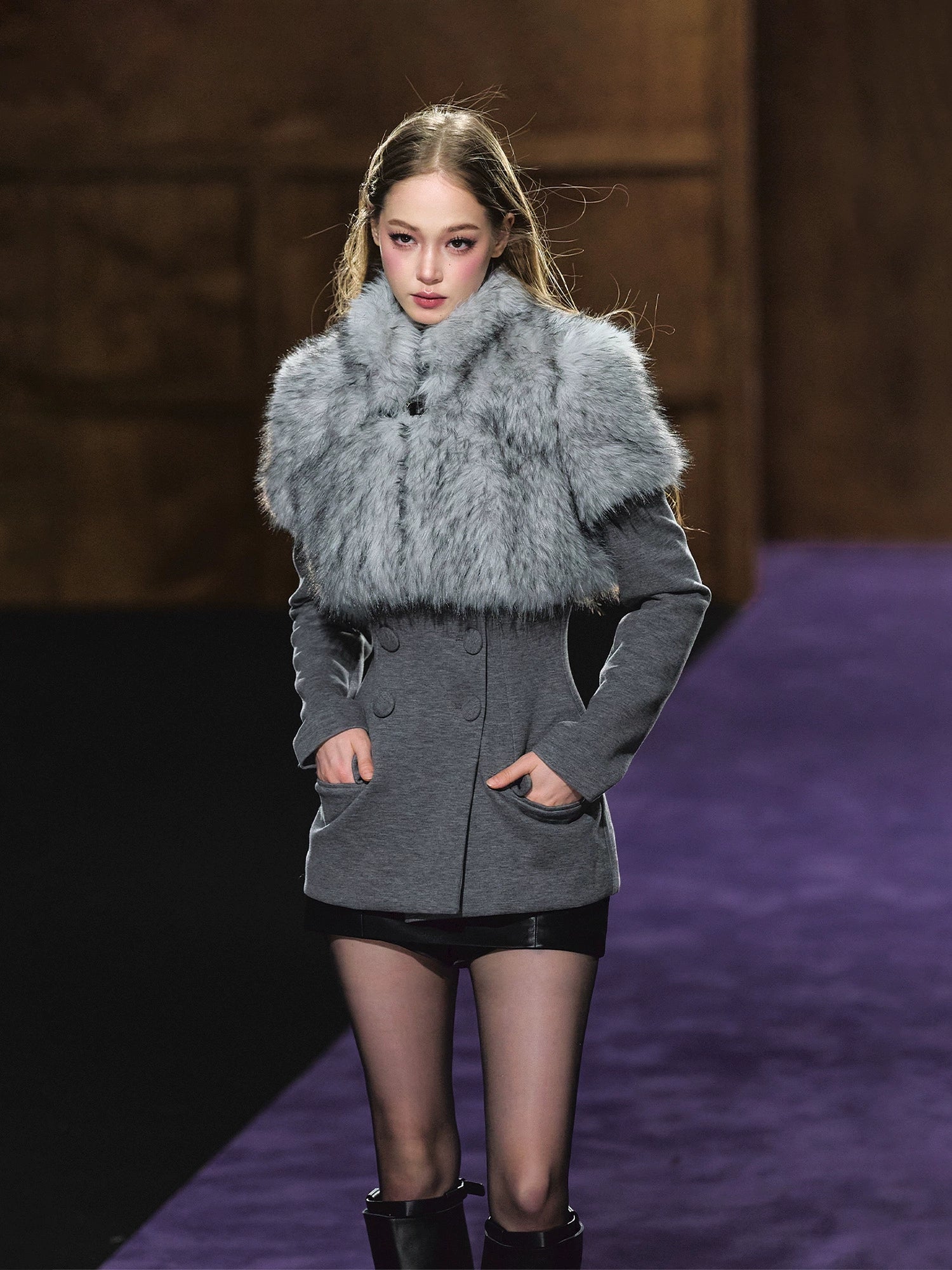 Faux Fur Collar Layered Double-Breasted Blazer Set