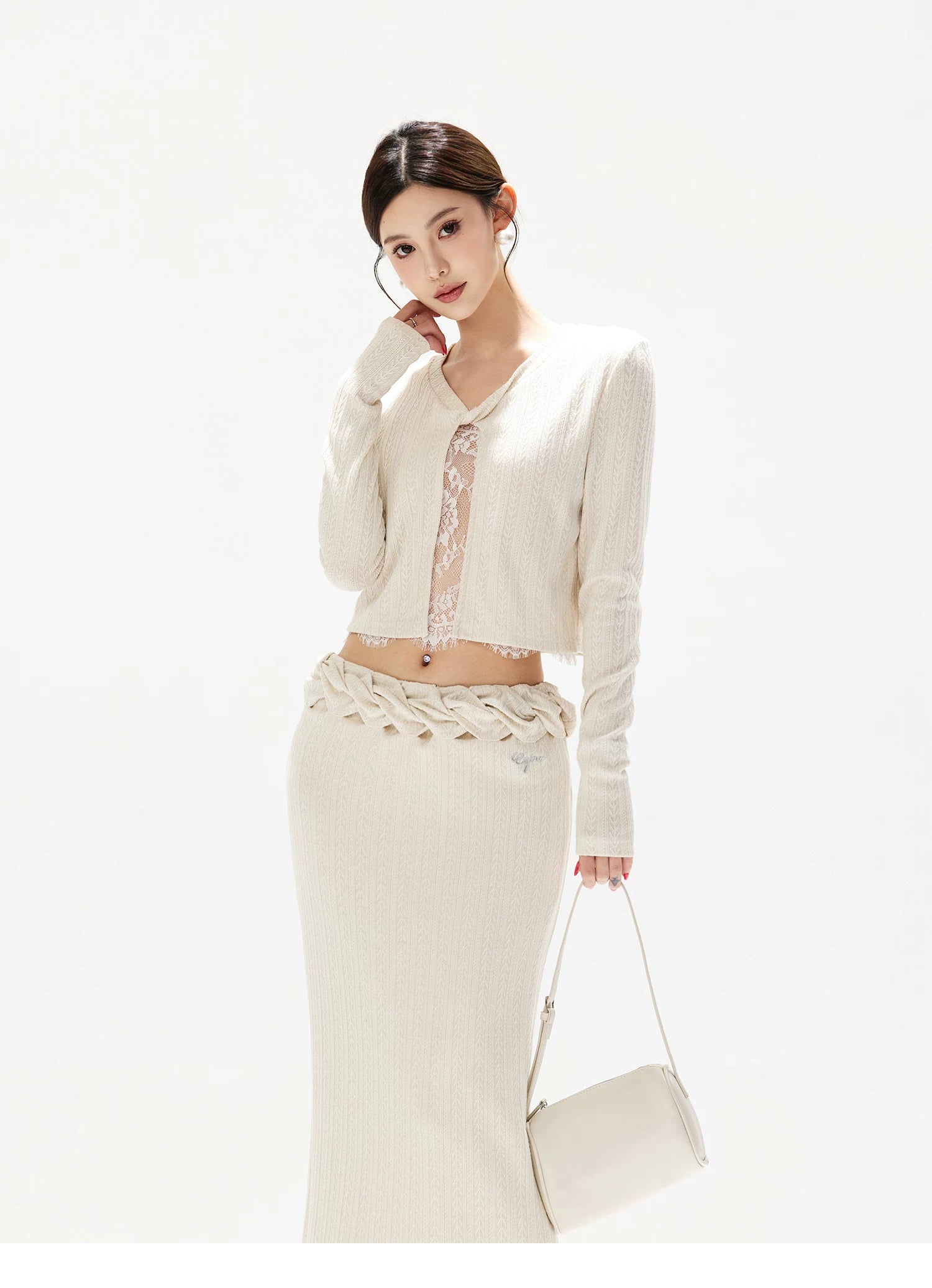 Apricot Lace Panel Knit Two-Piece Set