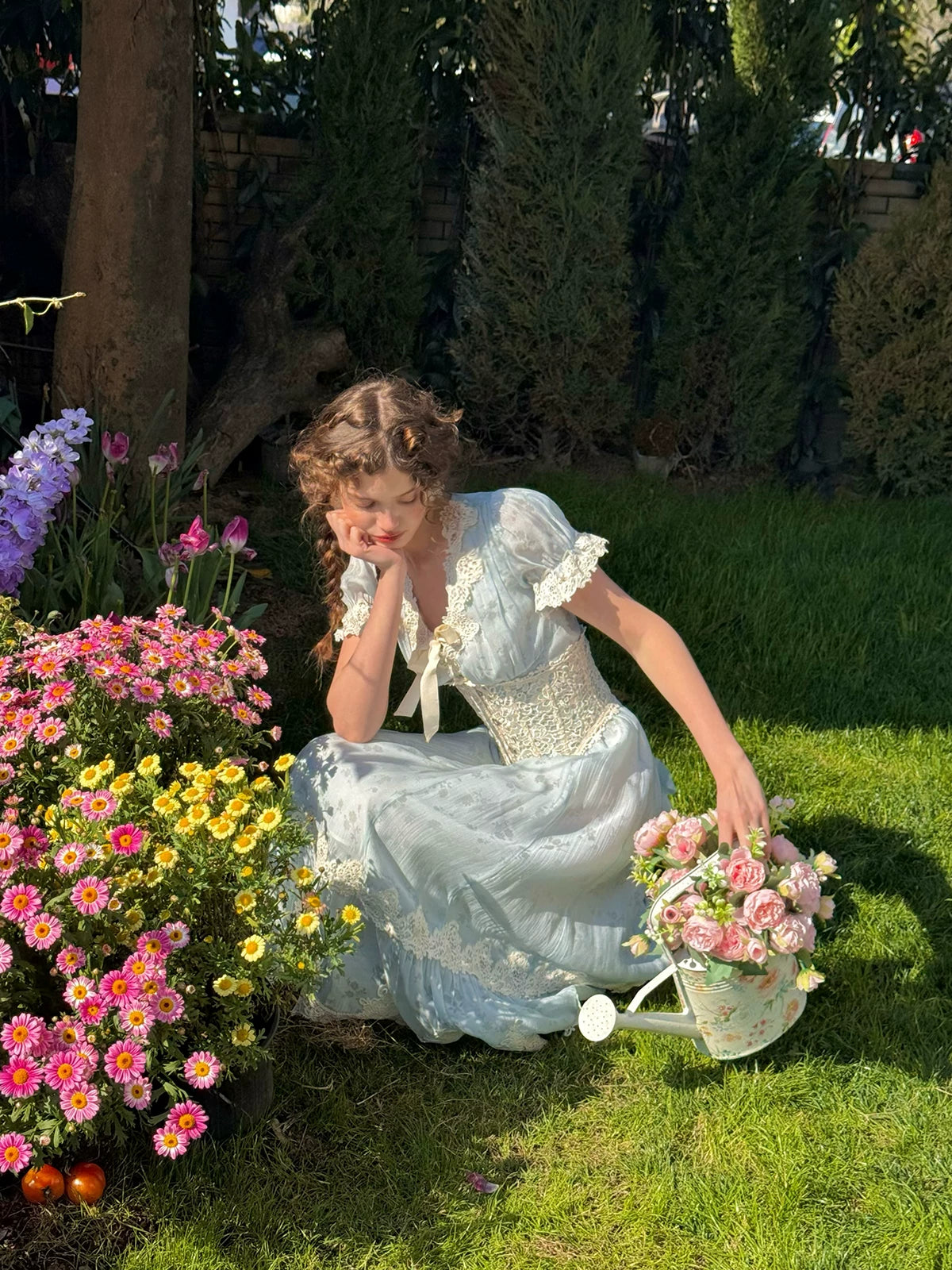 Fresh Baby Blue Lace Short-Sleeve Dress