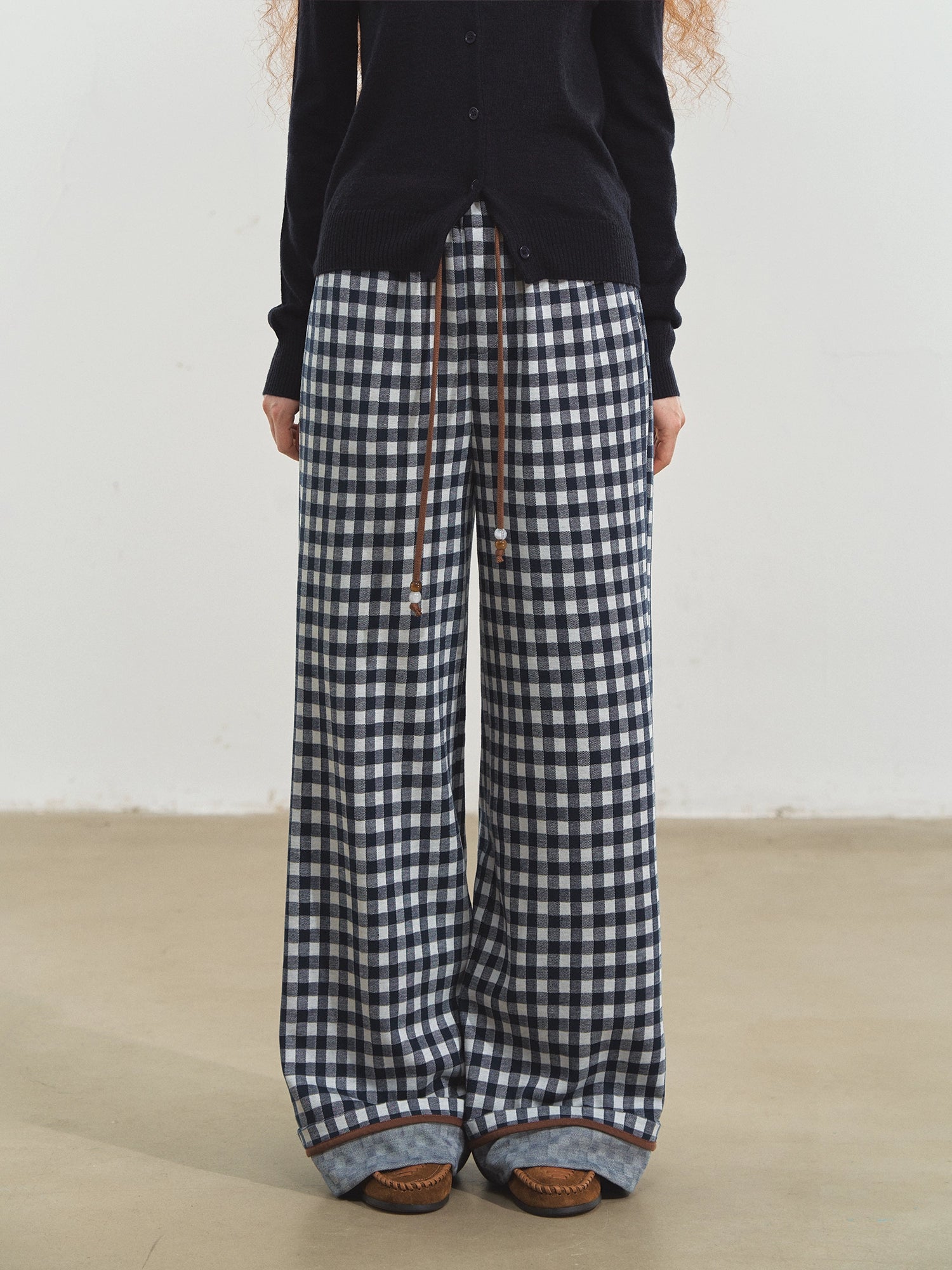 Checkered Cuff Wide‑Leg Pants