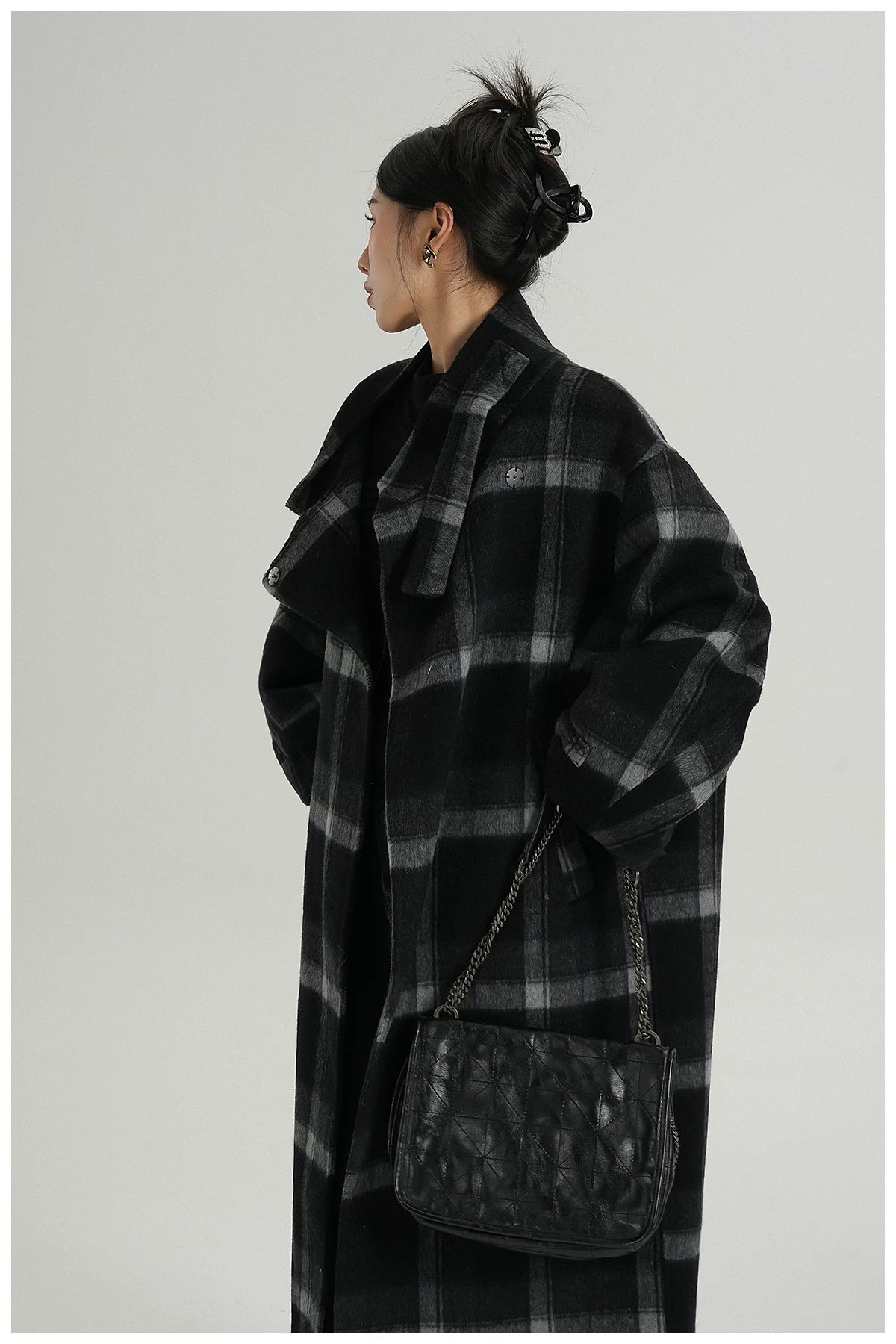 Plaid Stand-Collar Double-Faced Wool Coat