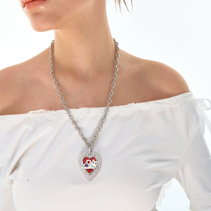 Cat Heart Enamel Pendant Necklace - CHINASQUAD