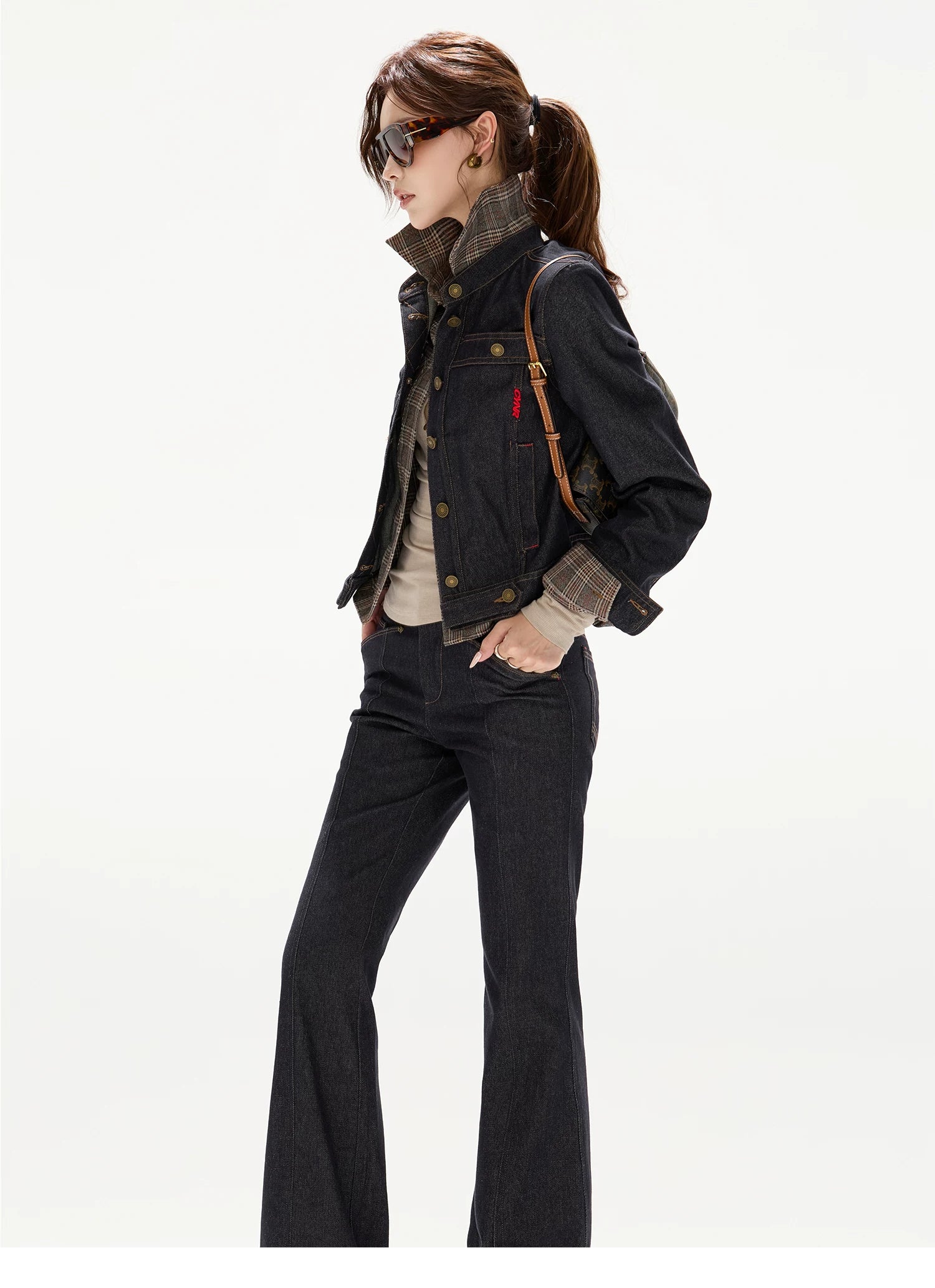 Plaid Mid-Rise Flared Wide-Leg Jeans