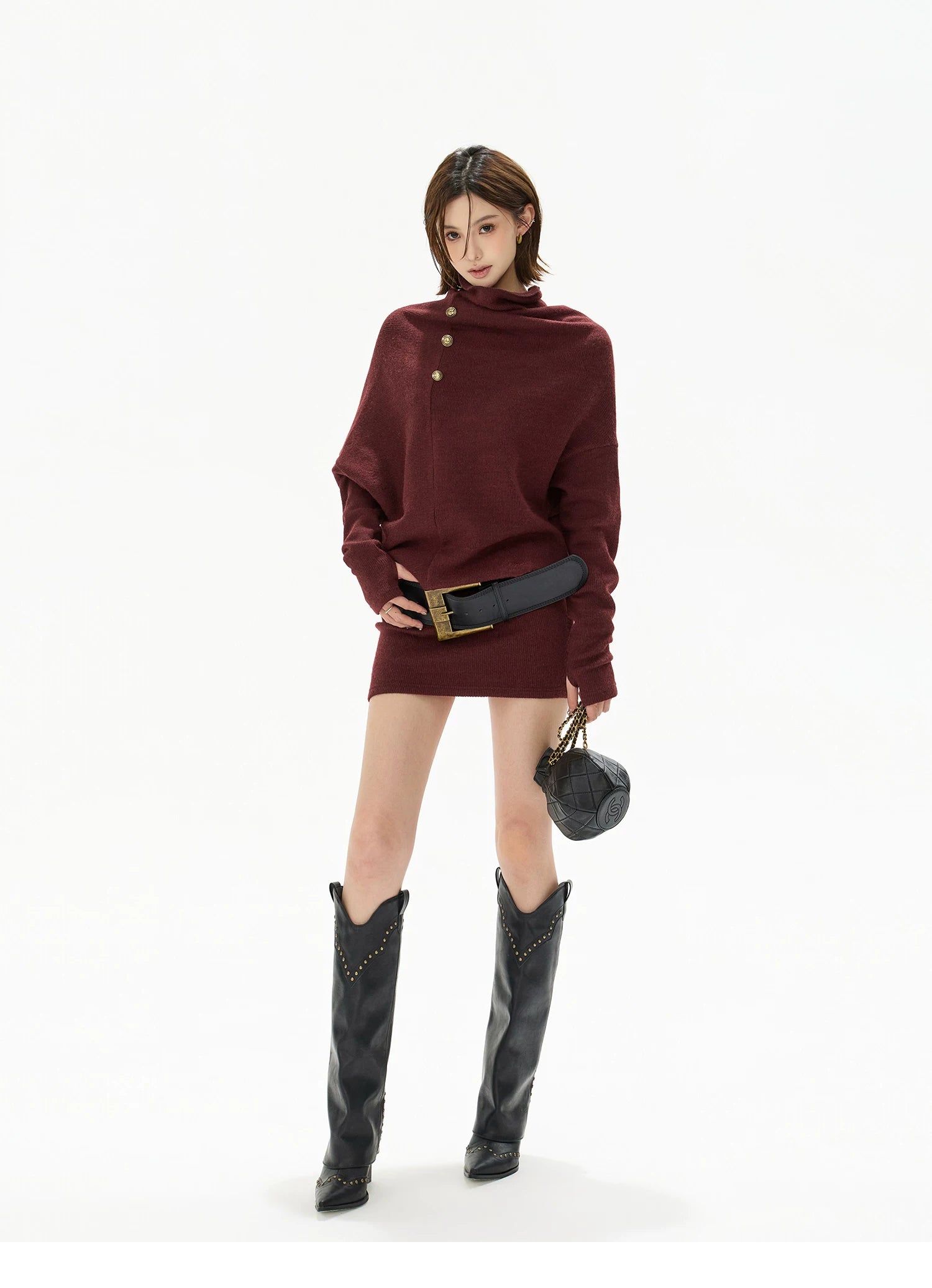 Cowl-Neck Batwing Sleeve Knit Mini Dress
