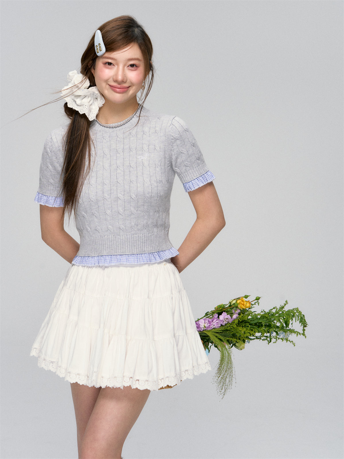 Ruffled Edge Cable Knit Short-Sleeve Top - CHINASQUAD