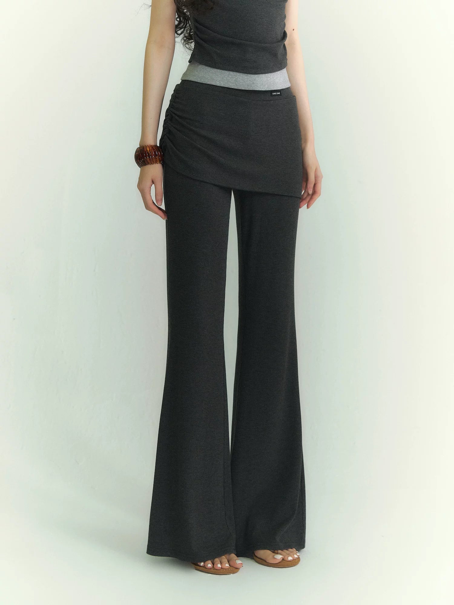 Layered Bandeau-Effect V-Neck Short Sleeve Top & Ruched Panel Lounge Flared Pants Set