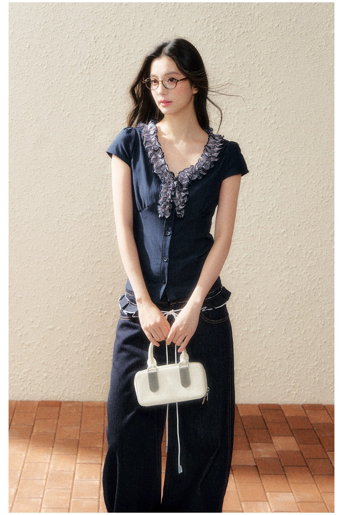 Navy Lace-Trim Knit Blouse - CHINASQUAD