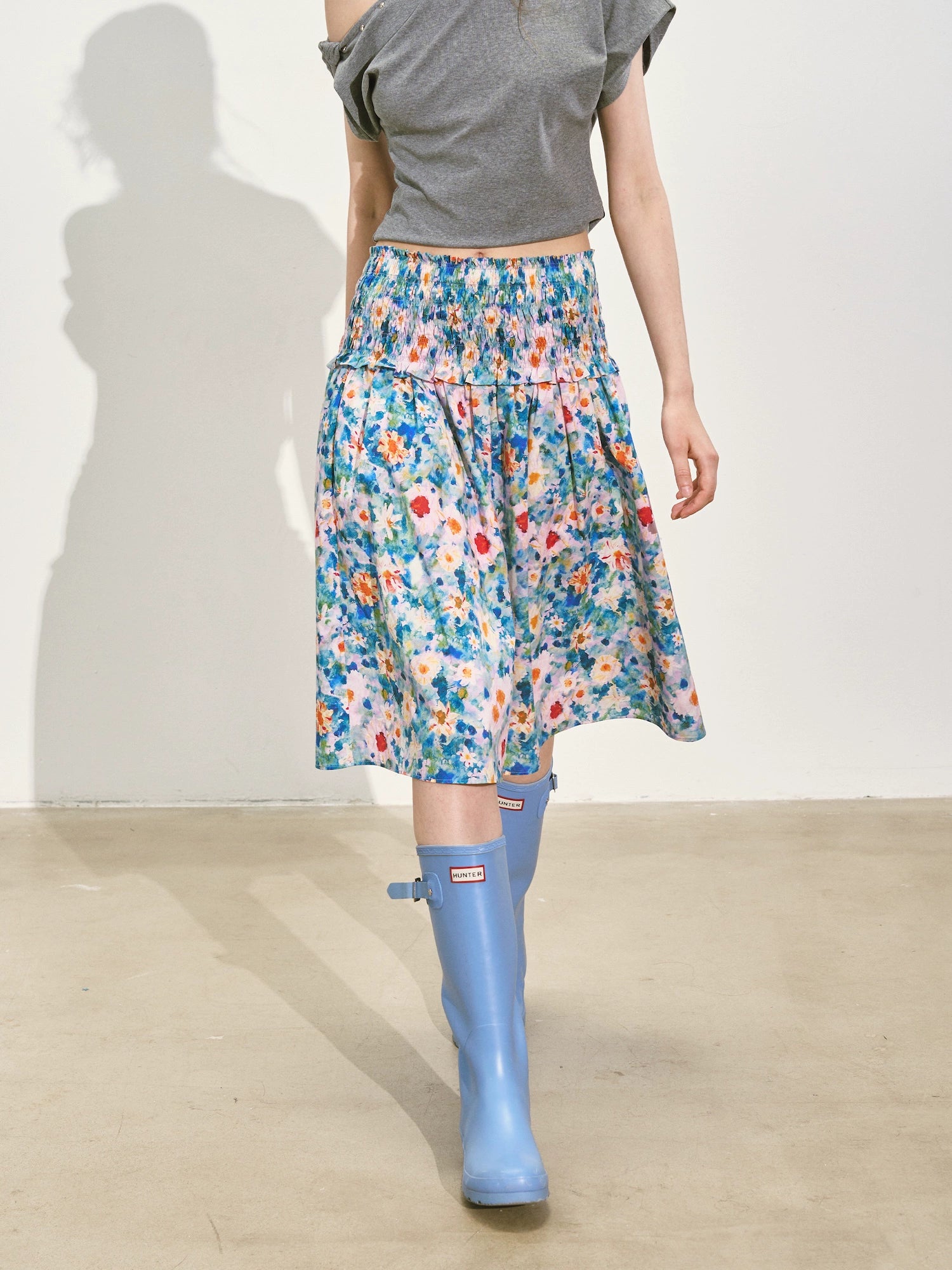 Floral Waist-cinching Slim-fit Midi A-line Skirt - CHINASQUAD