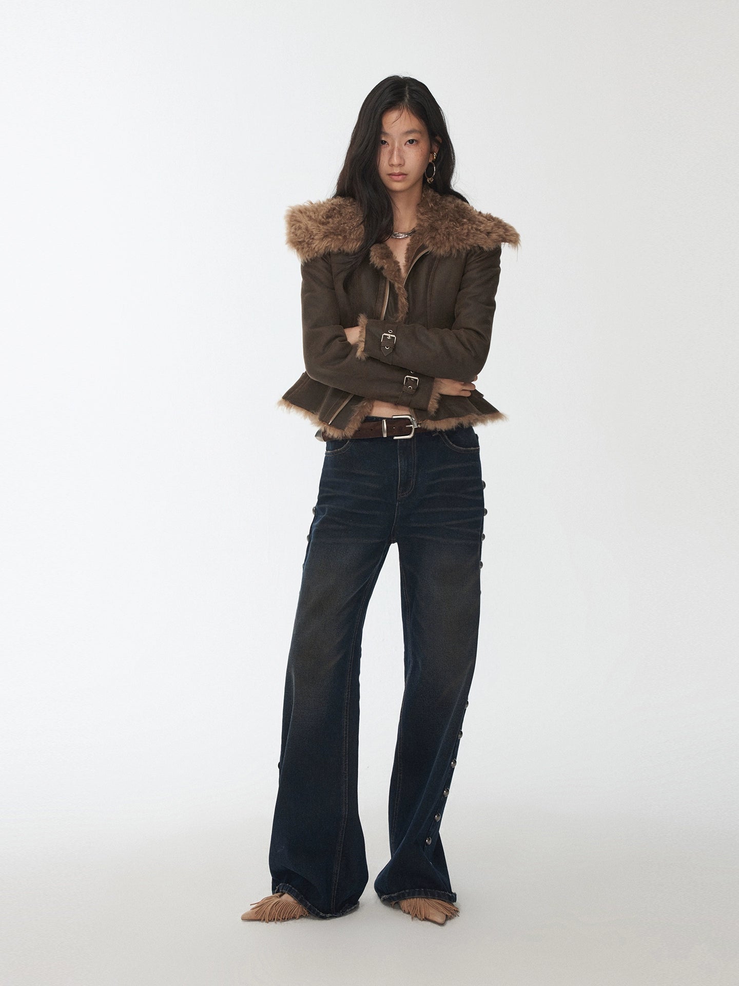 Faux Shearling-Lined Washed Leather Slim Jacket