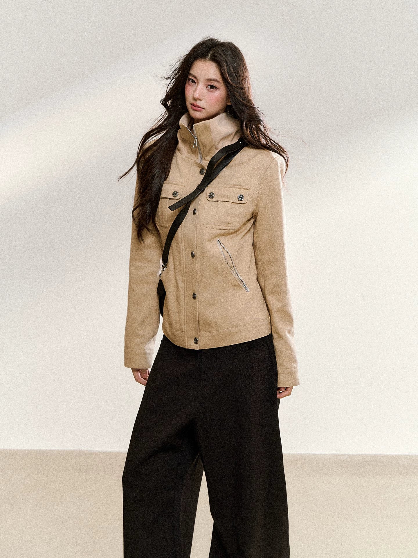 Vintage Suede Stand-Collar Fitted Jacket