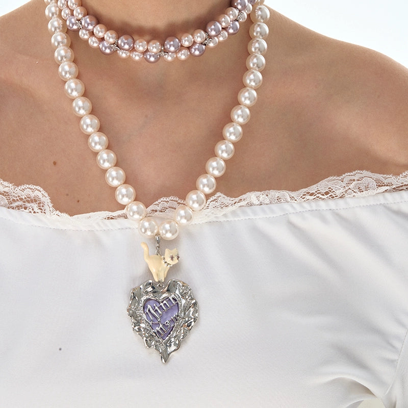 Cat Heart Enamel Pearl Necklace - CHINASQUAD