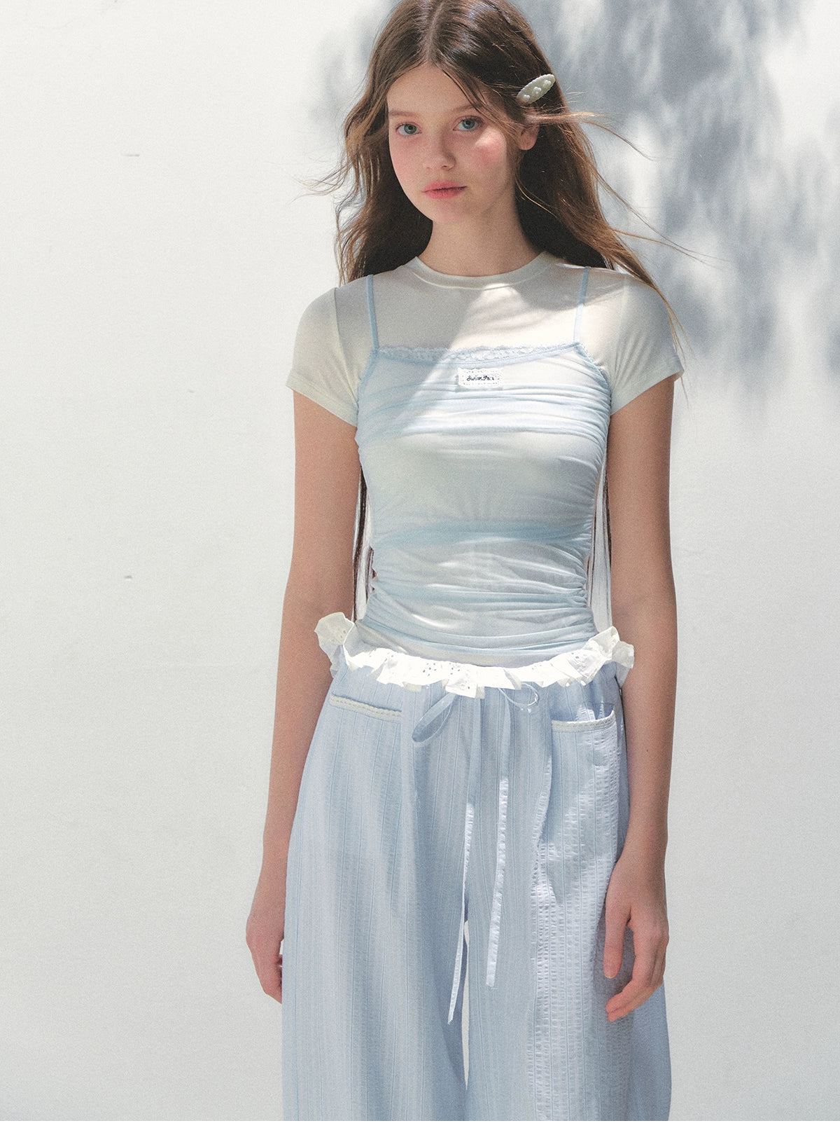 Contrast Color Fake Two-piece Mesh Lace Short-sleeve T-shirt