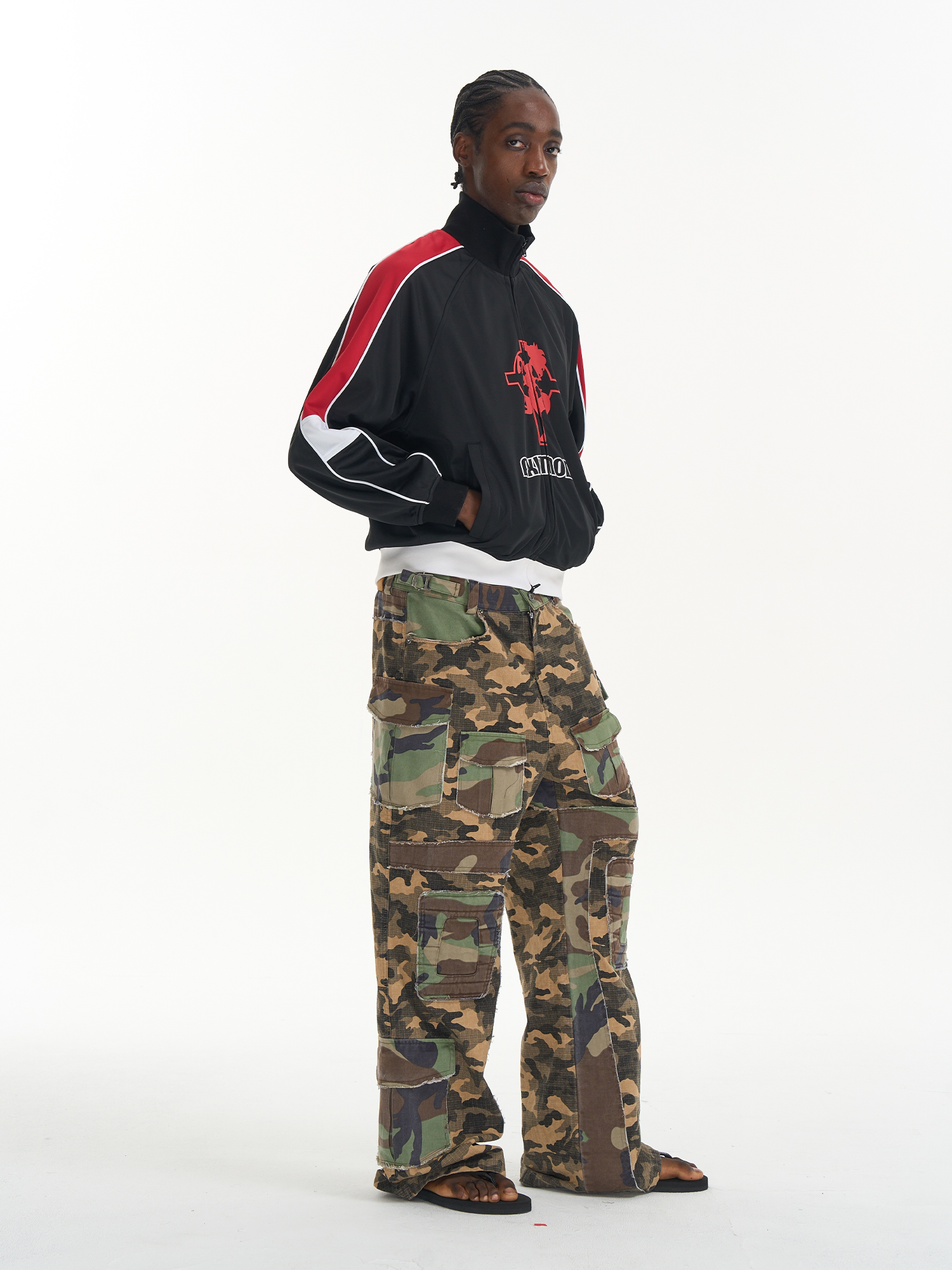 Washed Raw-Edge Patchwork Camouflage Flared Cargo Pants