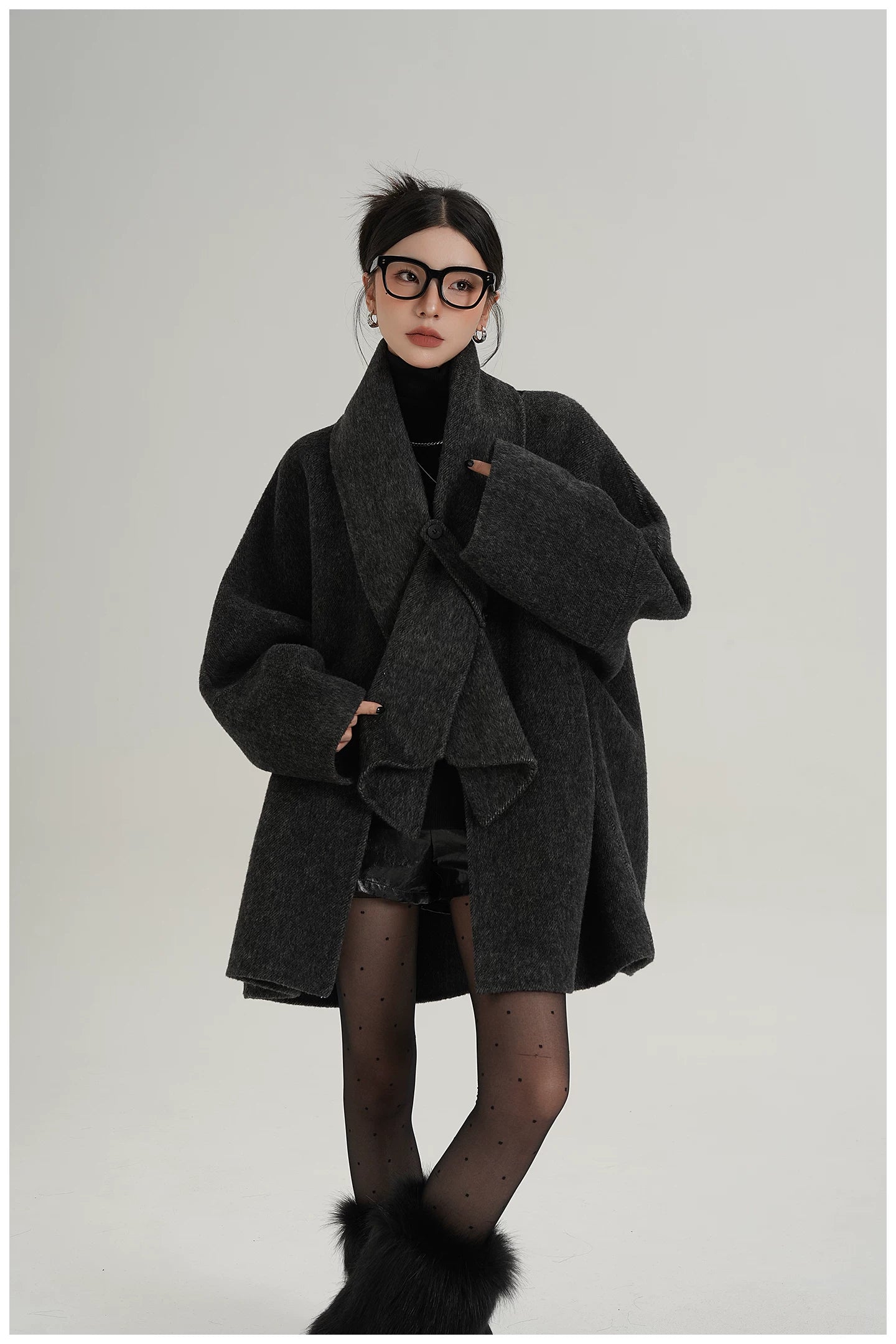 Scarf-Detail Mid-Length Wool Jacket