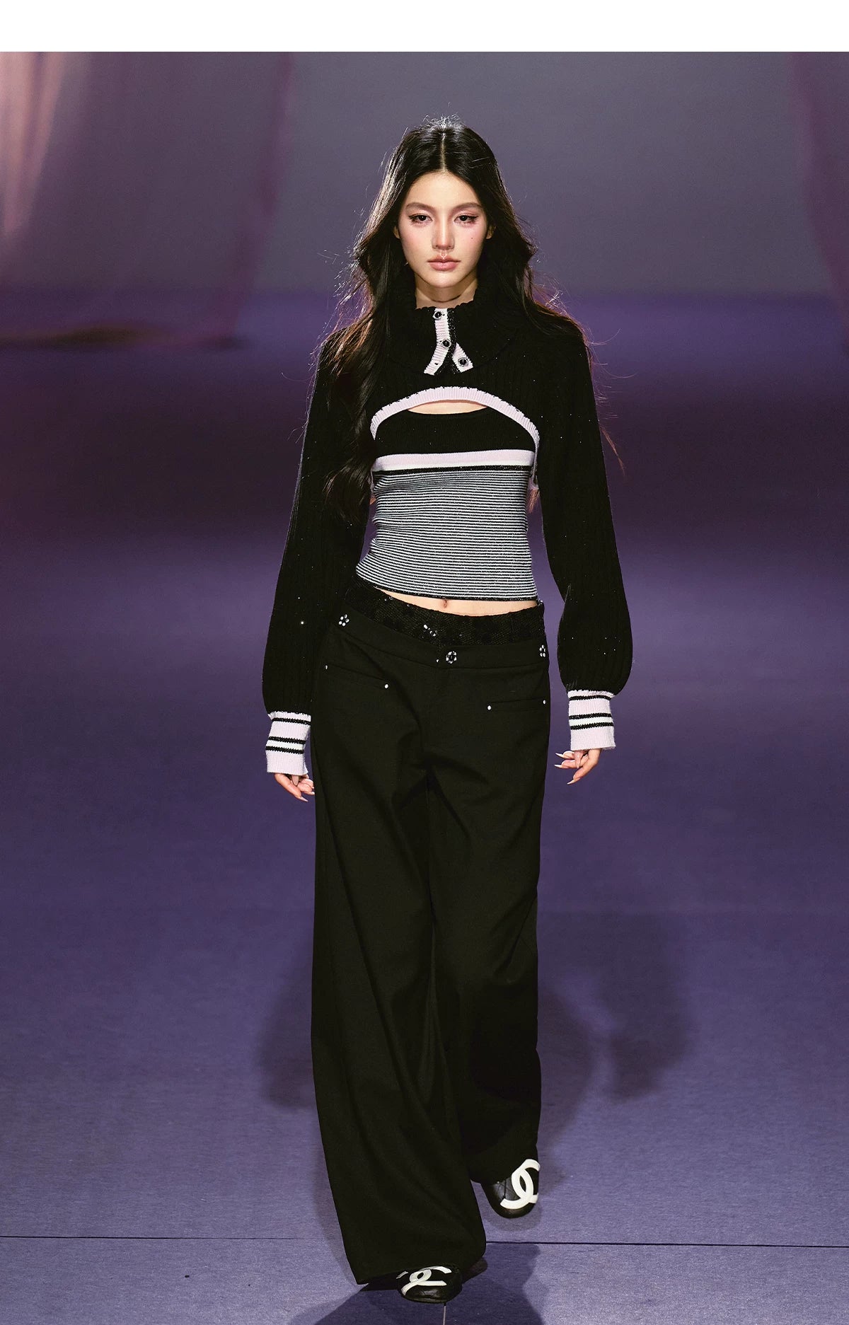 Contrast Turtleneck Layered Vest & Striped Camisole Set