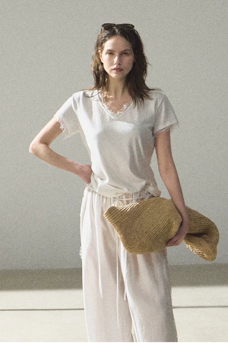 Lyocell Lace-Trimmed Flowing Wide-Leg Trousers