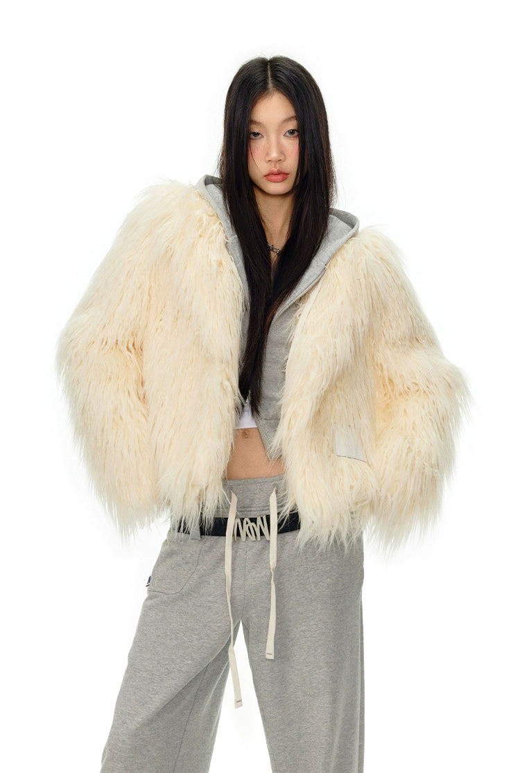 Beige Lapel Wool Shearling Coat