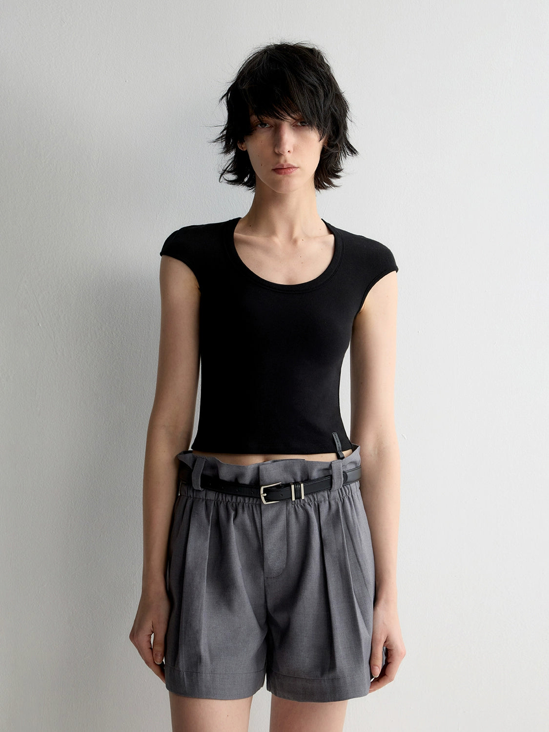 Deep U-Neck Ruffled Short Sleeve T-shirt