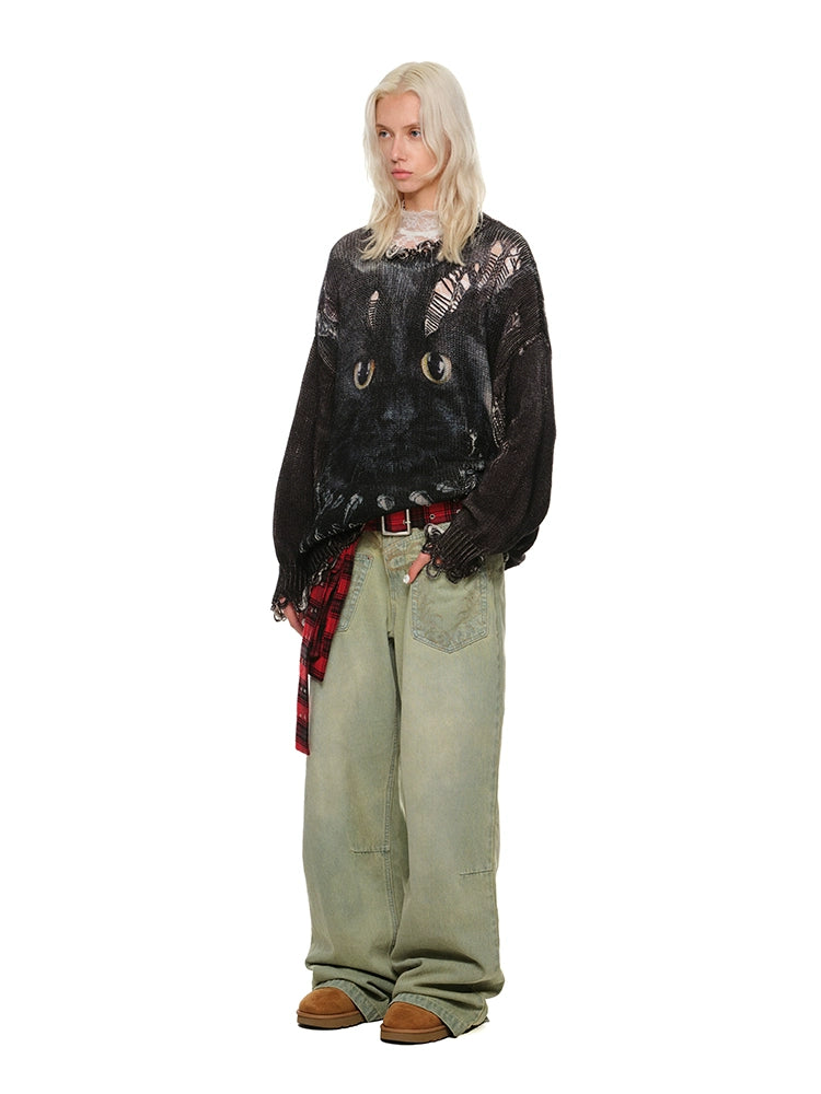 Distressed Washed Green Wide-Leg Jeans - CHINASQUAD