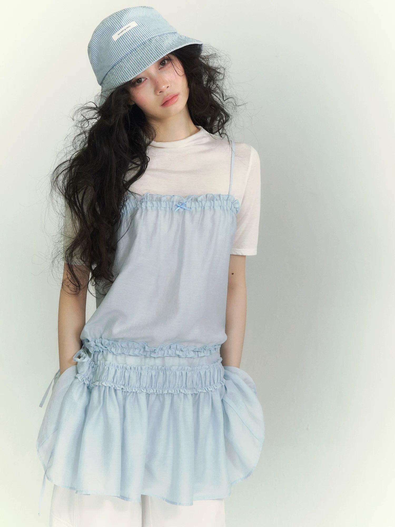 Layered Ruffle Strap Dress & Sheer High-Neck Tee Set