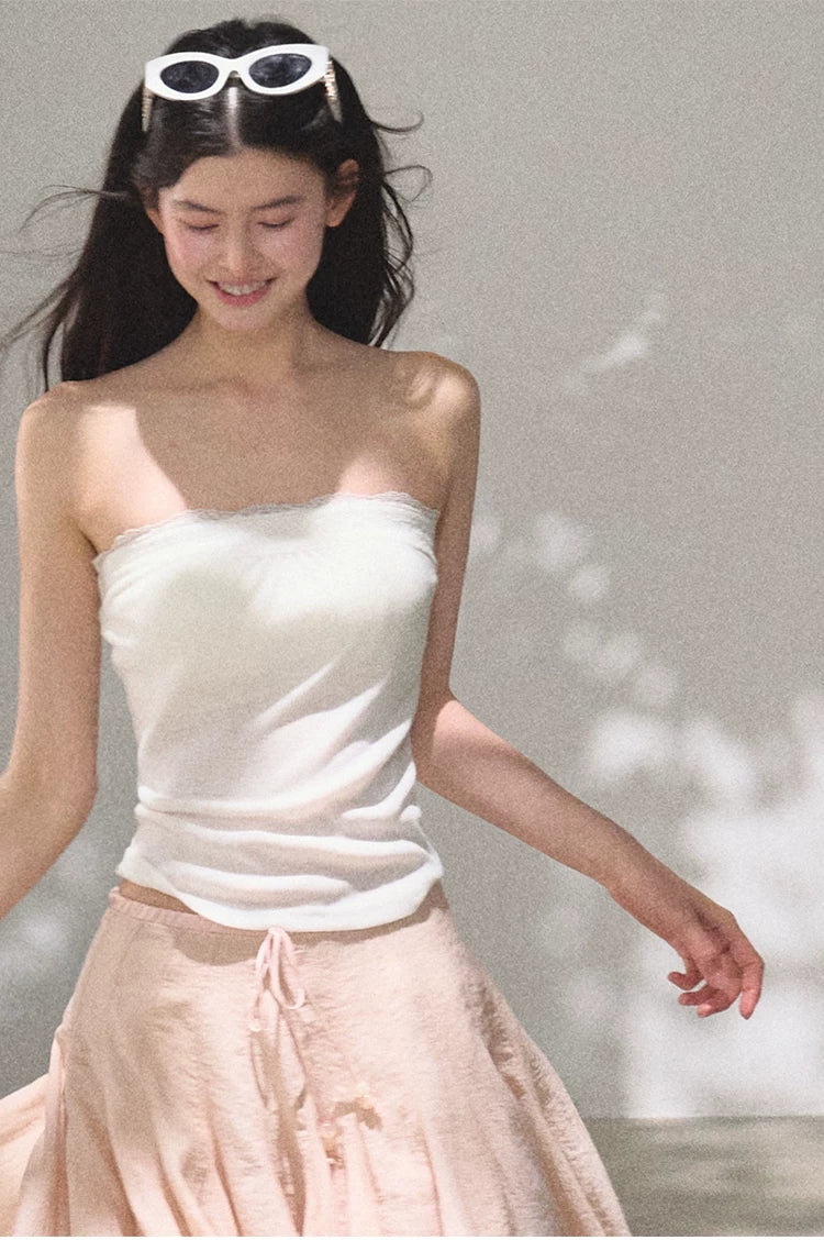 Lyocell Linen A-Line Lace-Trim Mini Skirt
