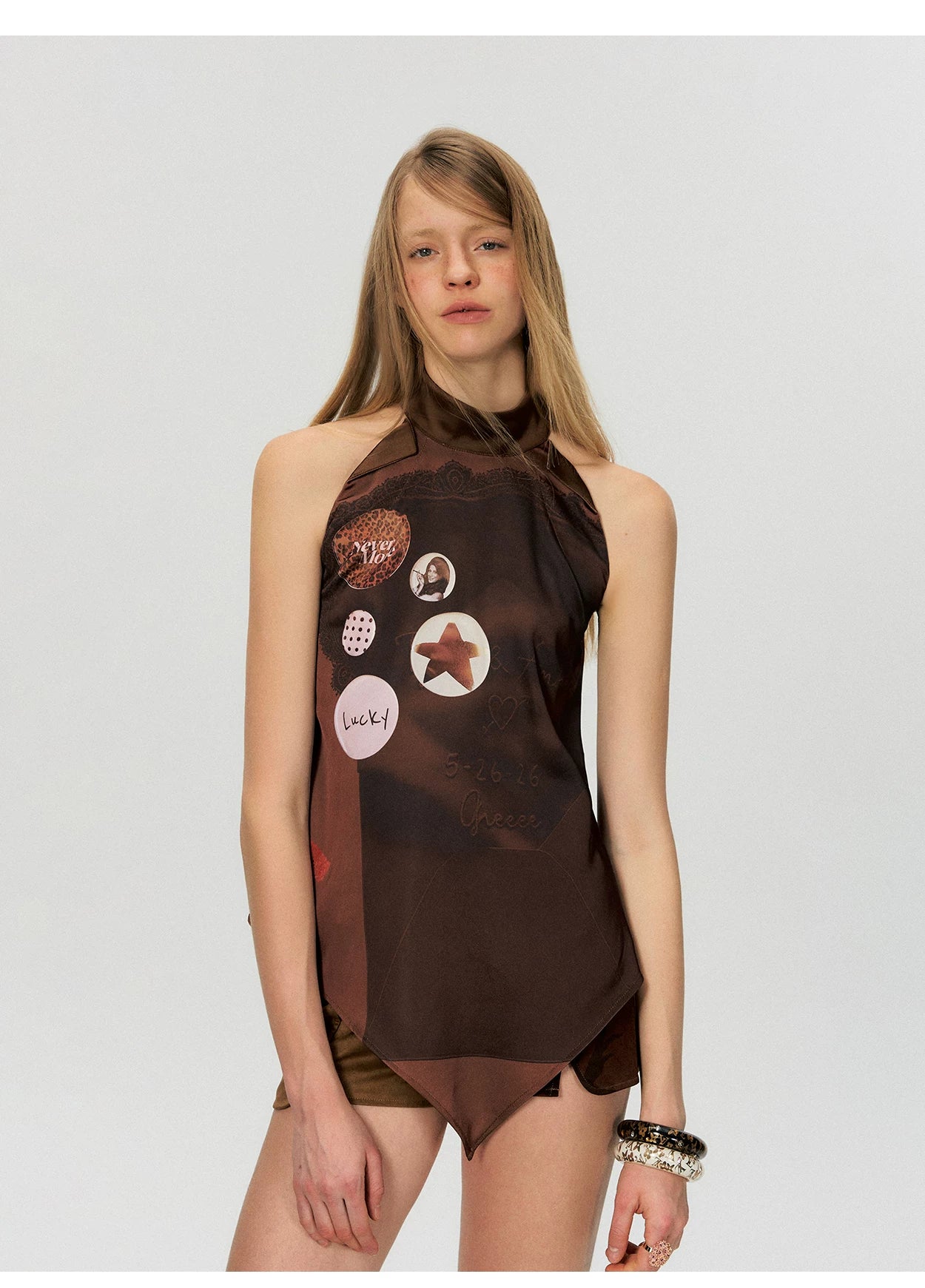 Vintage Printed Asymmetric Hem Halter Top