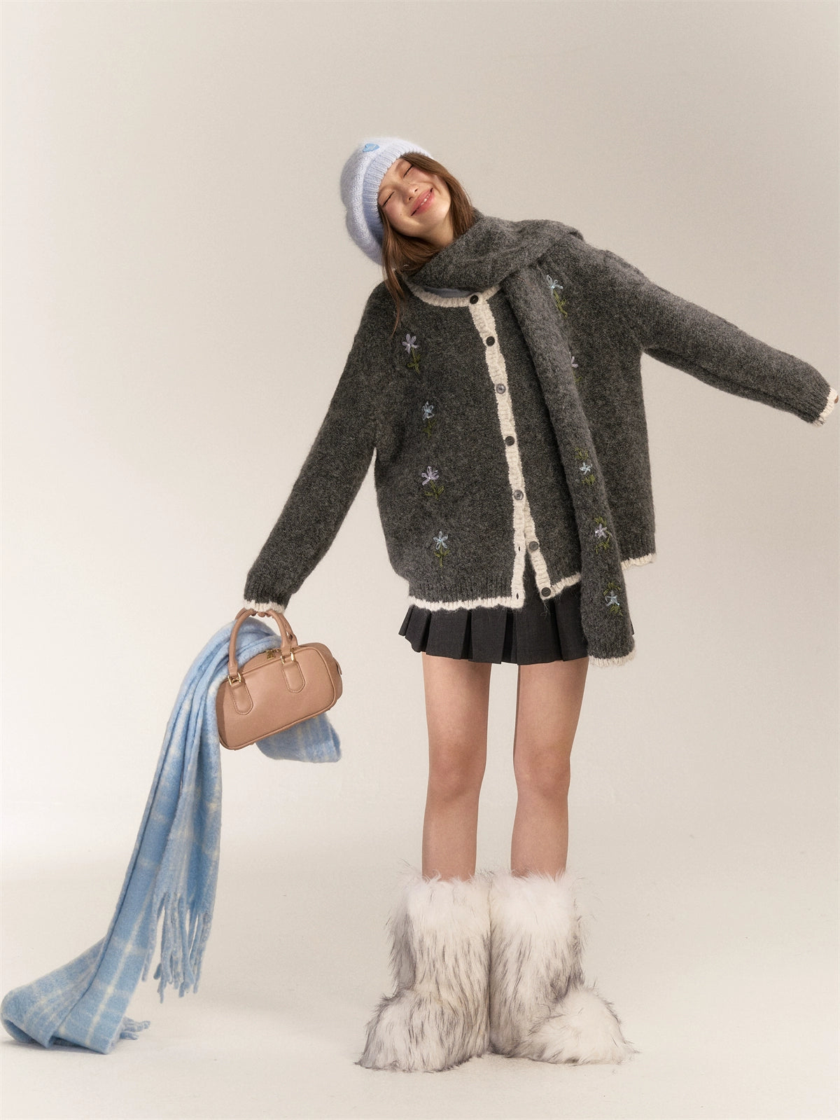 Handcrafted Floral Wool Knit Cardigan & Scarf - CHINASQUAD