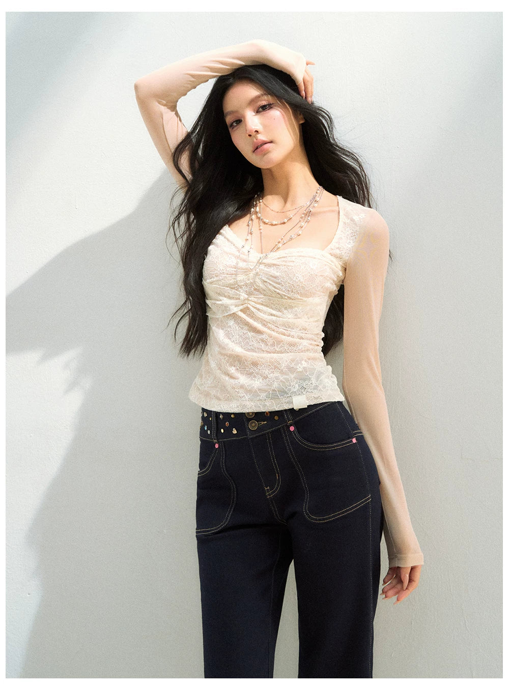 Lace Mesh Ruched Long Sleeve T-Shirts