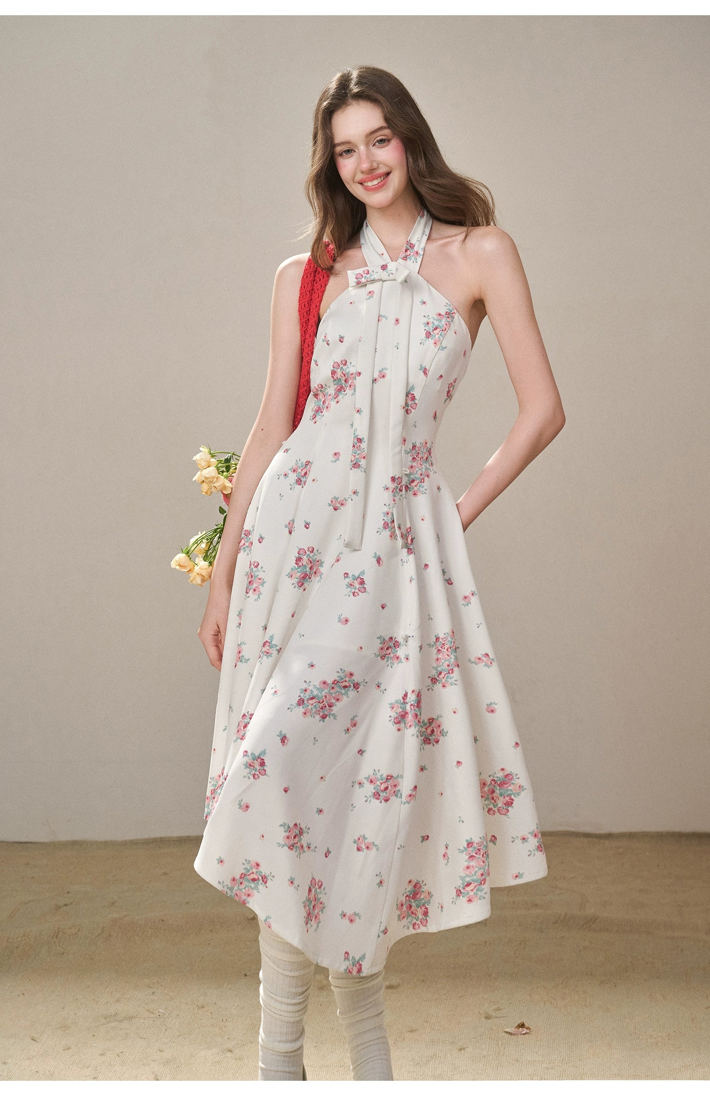 Rose Pleats Halter Midi Dress