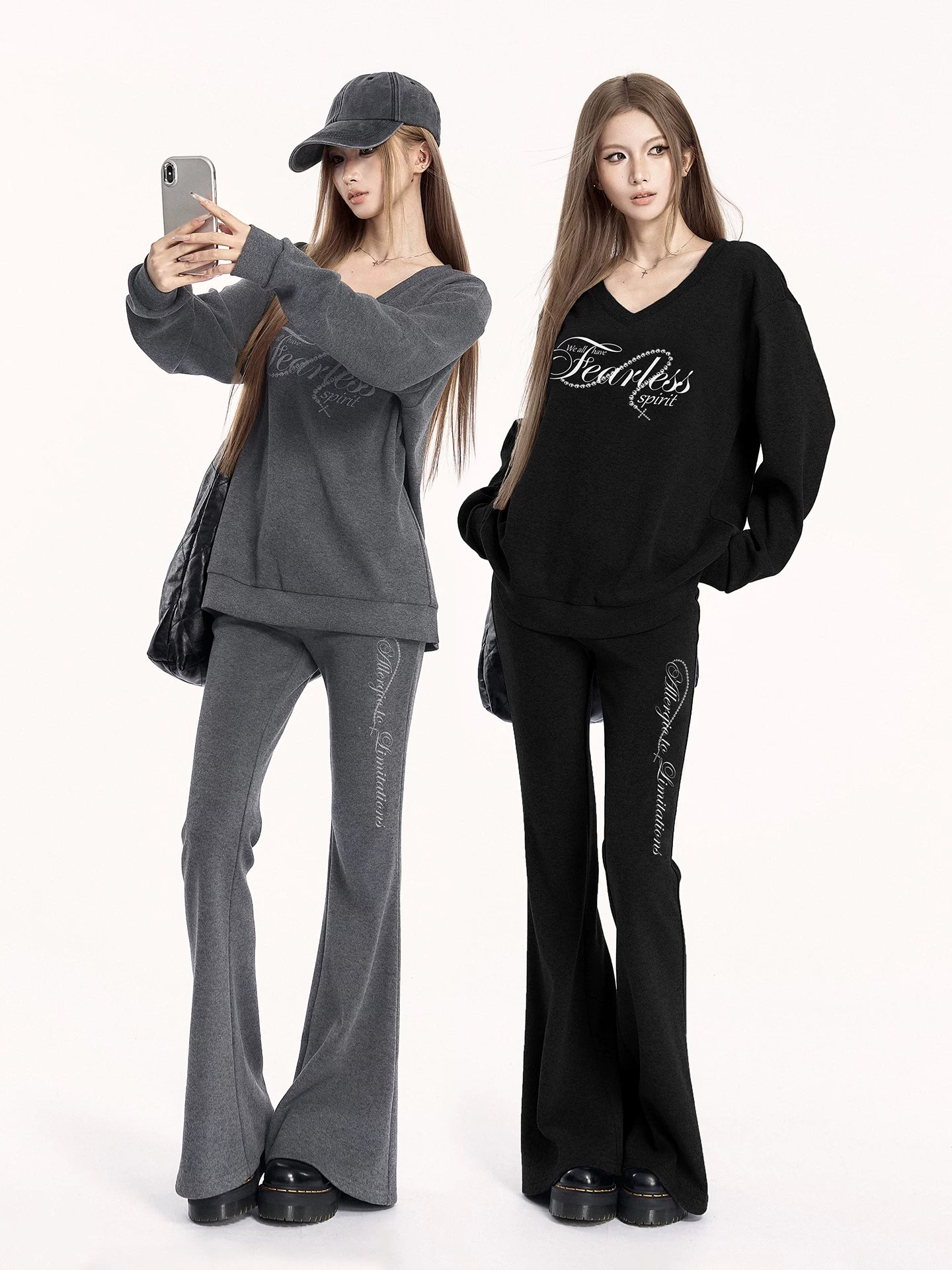 V-Neck Sweatshirt & Flared Pants Set