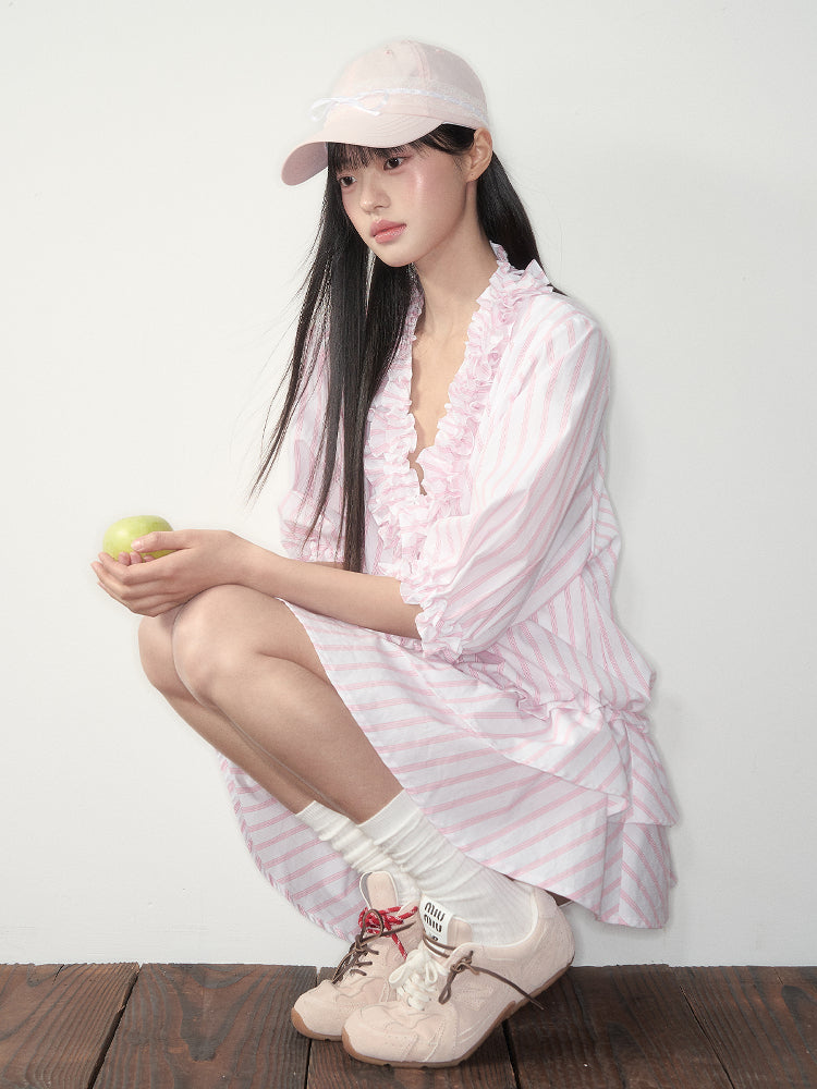 Pink Striped Relaxed Ruffle Dress - CHINASQUAD