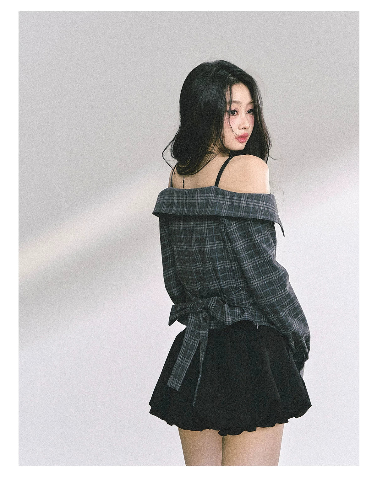 Off-Shoulder Plaid Long-Sleeve Shirt