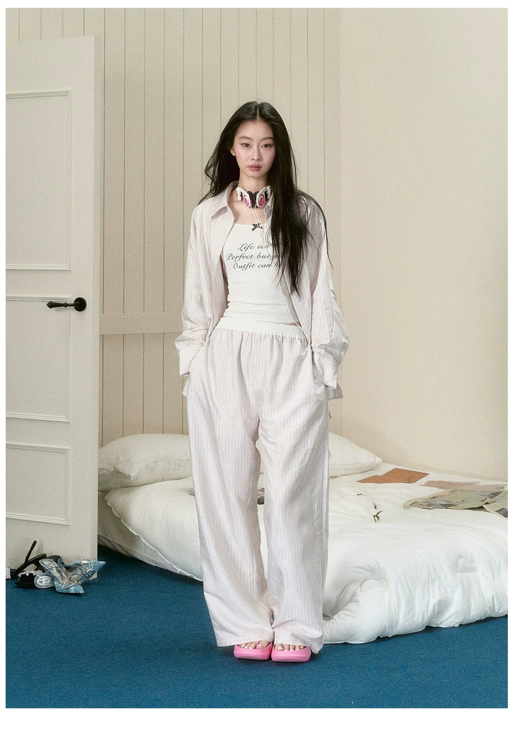 Pink Striped Wide-Leg Pants - CHINASQUAD