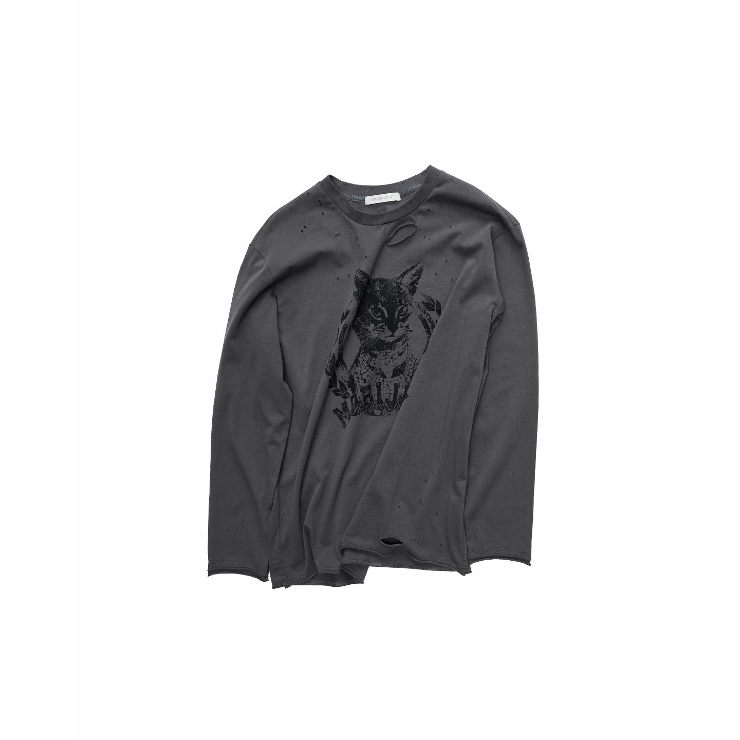 Vintage Cat & Dog Print Distressed Long-Sleeve Tee